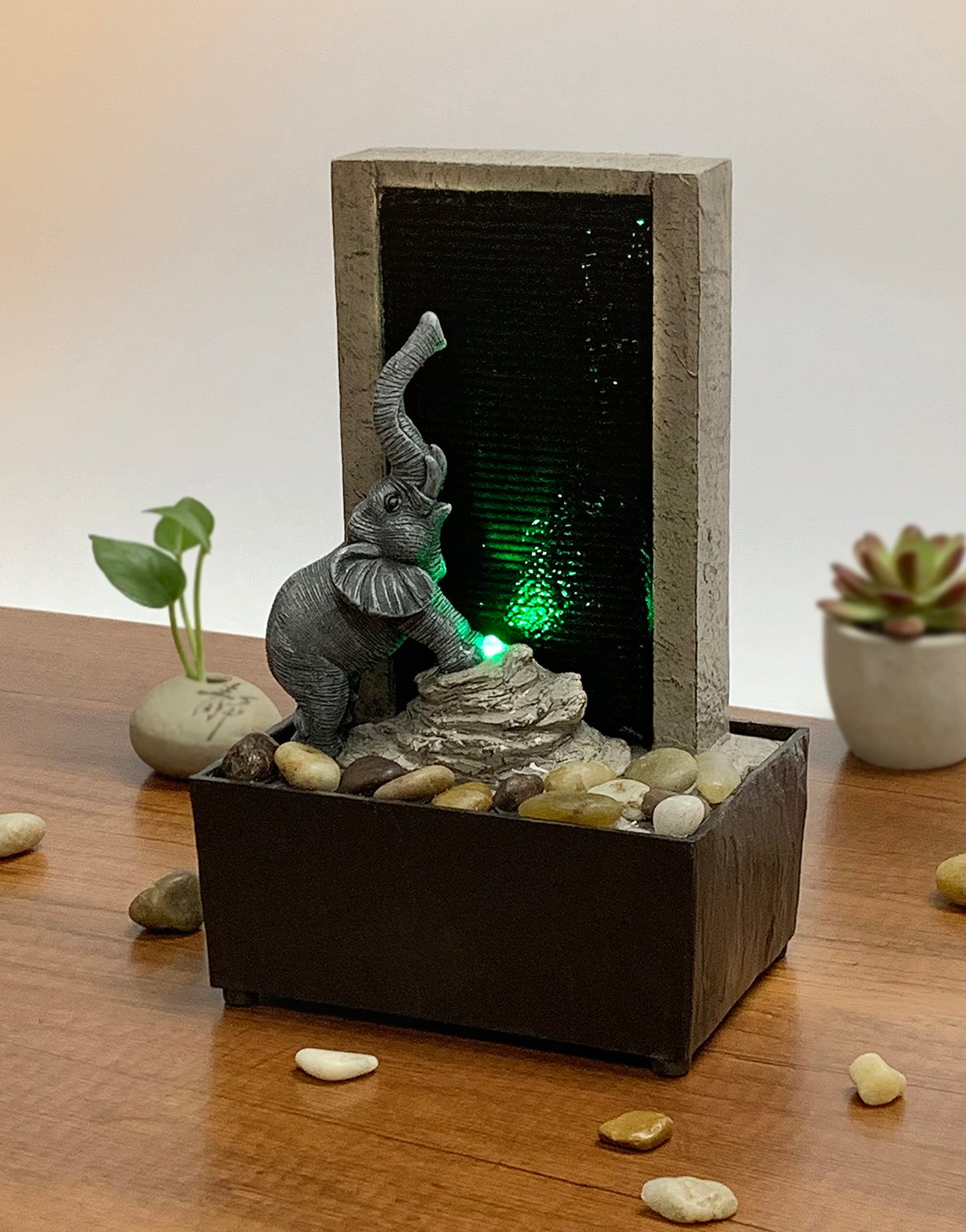 Nature's Mark 9" H Elephant Tabletop Water Fountain with Natural River Rocks and LED Lights (Power Cord Attached)