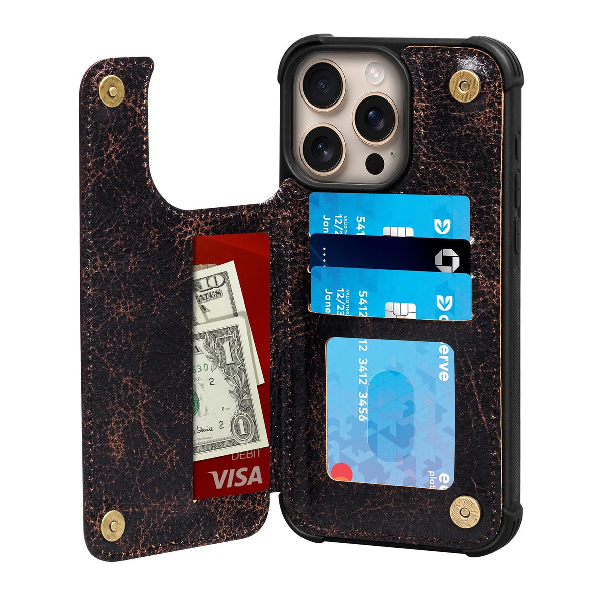 RMAWRAD Wallet Real Leather Case Compatible with iPhone 15 Pro Max 6.7",Genuine Leather,Shockproof, Anti-Fall Case, Flip Cover, with Card Slot, Double Magnetic Buckle, Kickstand, Coffee