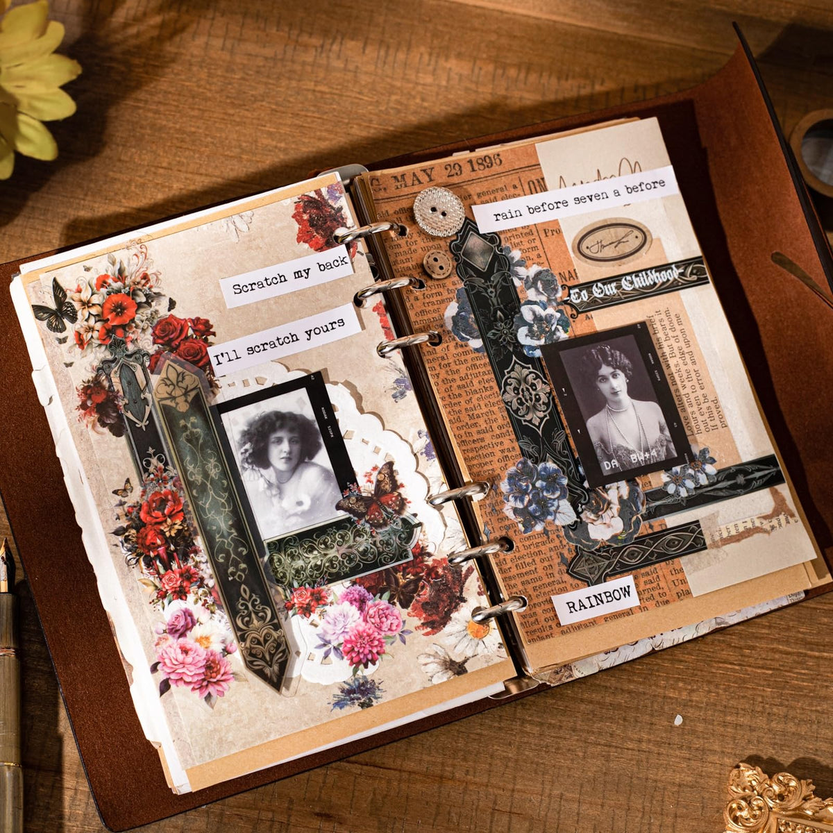Miyouluna 120PCS PET Strip Stickers, Gothic, Rose, Baroque, Emerald, Amber and Snow Style Designs in Vintage Aesthetic, Scrapbook and Journal Labels, Transparent Waterproof DIY Supplies