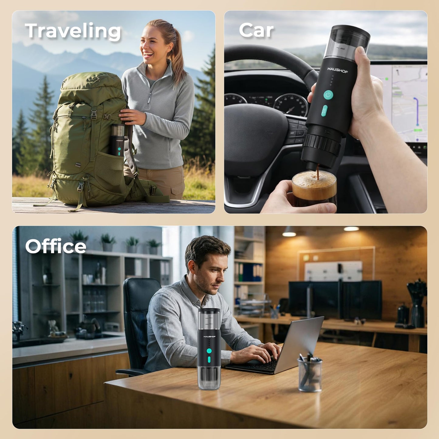 HAUSHOF Portable Electric Espresso Machine, 20 Bar Fast Heat-Up Travel Coffee Maker, USB-C Rechargeable Compatible with Ground Coffee & NS Capsules, for Car, Camping, RV, Hiking & Office