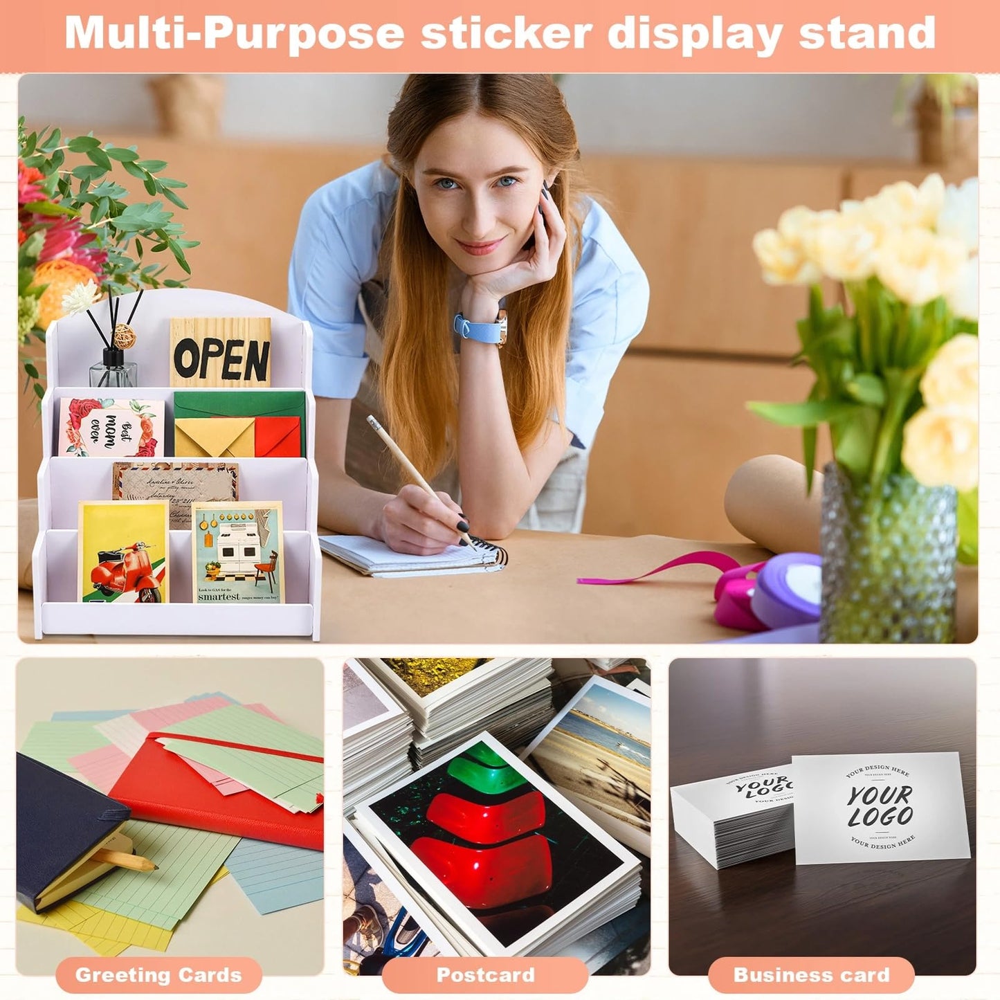 Sunnychicc 1 Pack 4-tiered Greeting Card Display Stand Bookmark Organizer Display Multi Purpose PVC Displaying Rack for Stickers Postcard Love Note Vendors Booth Brochure (13.2 x 12 x 10.2 Inch,White)
