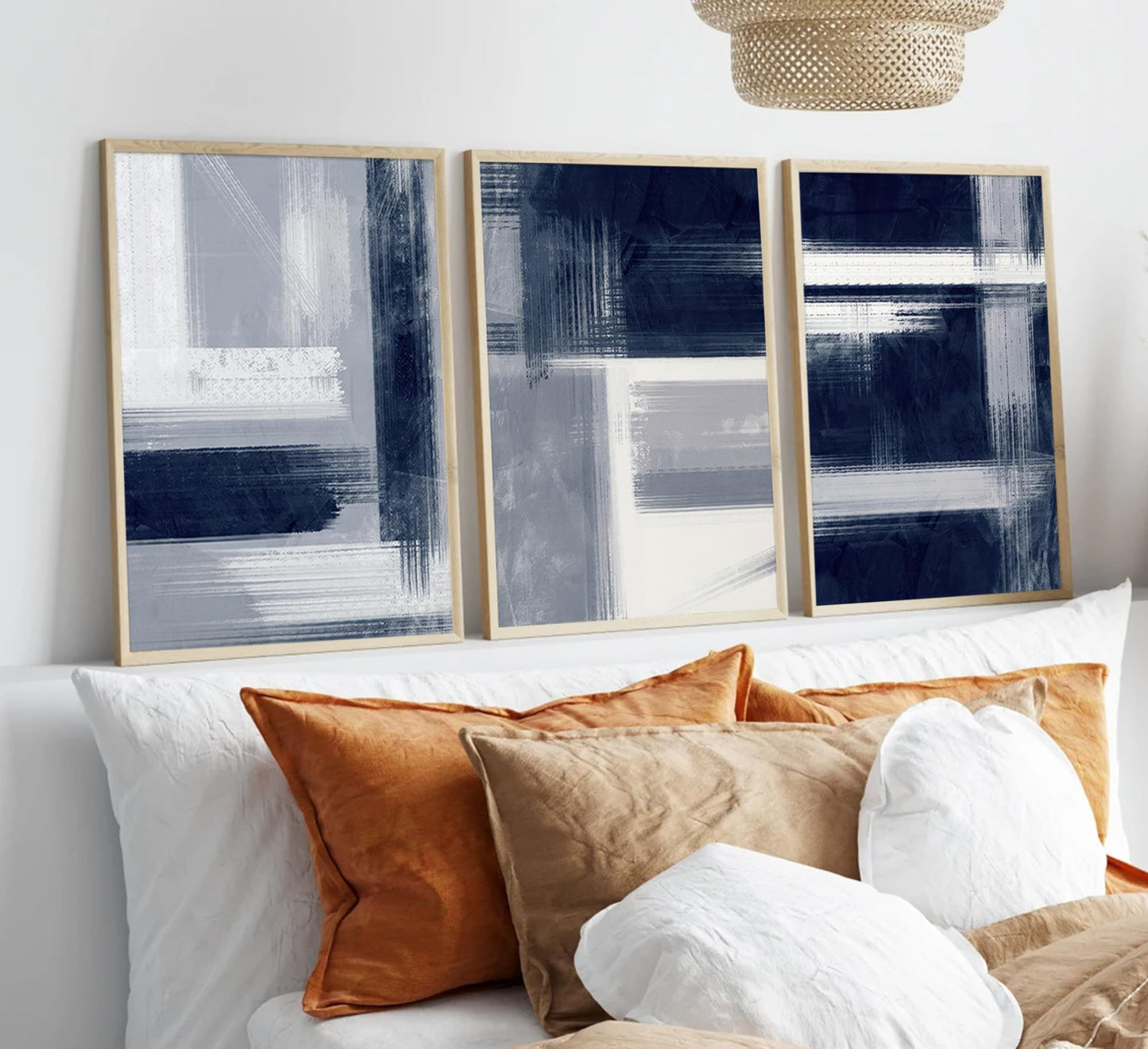 Wavkkey 3Pcs Navy Blue Abstract Wall Art Blue Grey Neutral Modern Geometric Abstract Painting Poster Wall Decor Canvas Print Artwork for Living Room Bedroom Office Home Decoration Unframed