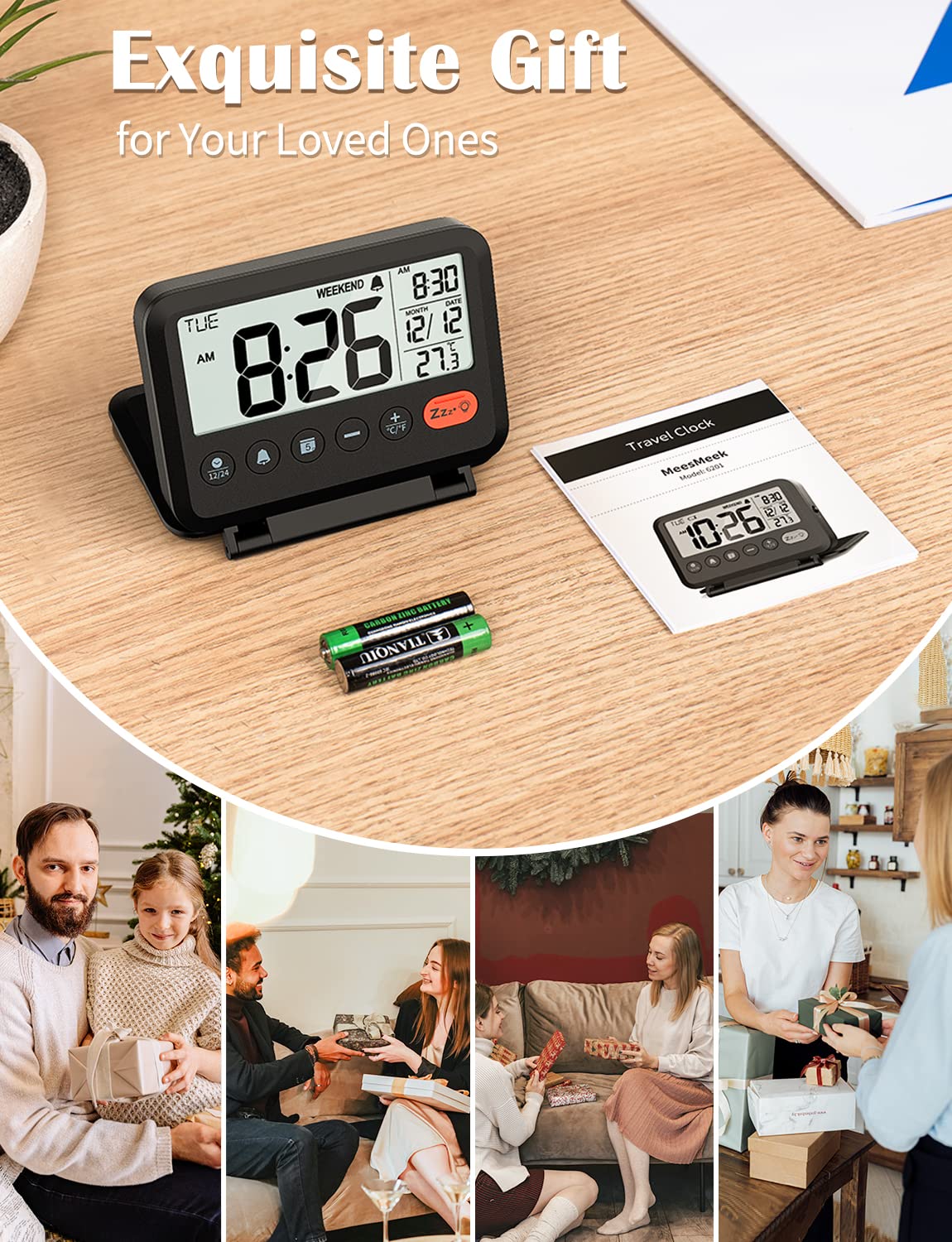 MeesMeek Digital Travel Alarm Clock, Black, 3.54 inch LCD Display, 9-Minute Snooze, 2 Volume Levels, Backlight, Battery Included