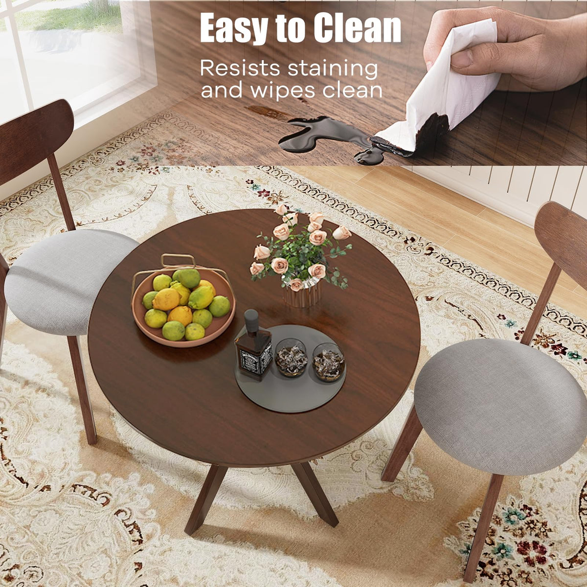 NAFORT Round Dining Table Set for 2, Mid-Century Modern Bistro Table and Chairs, Wood Kitchen Table w/Cushioned Chairs, Compact 3 Piece Dinette Set for Office, Small Spaces, Kitchen, Breakfast Nook