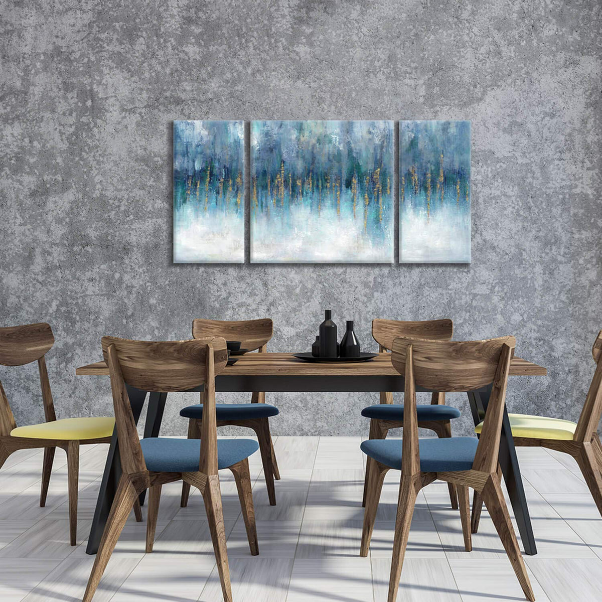Modern Picture Abstract Canvas Artwork:Blue & White Wall Art on Canvas painting for Office (24'' x 24'' x 1 Panel + 24'' x 12'' x 2 Panels)