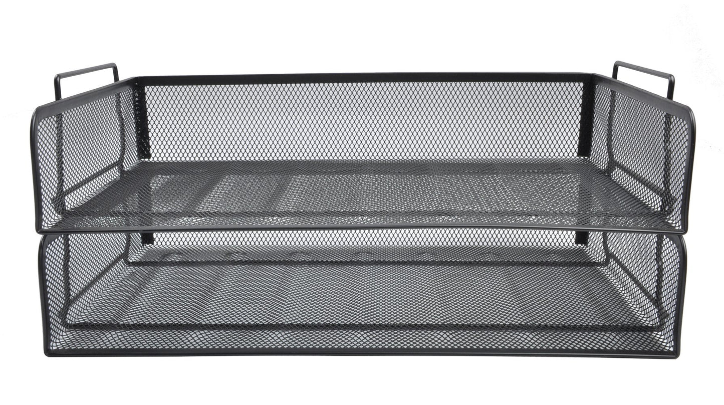 EASEPRES 2 Pack Stackable Desk Paper Tray, Metal Mesh Desktop Document Letter File Organizer for Office Home School, 13.5'' L x 9.75'' W x 5.5'' H, Black