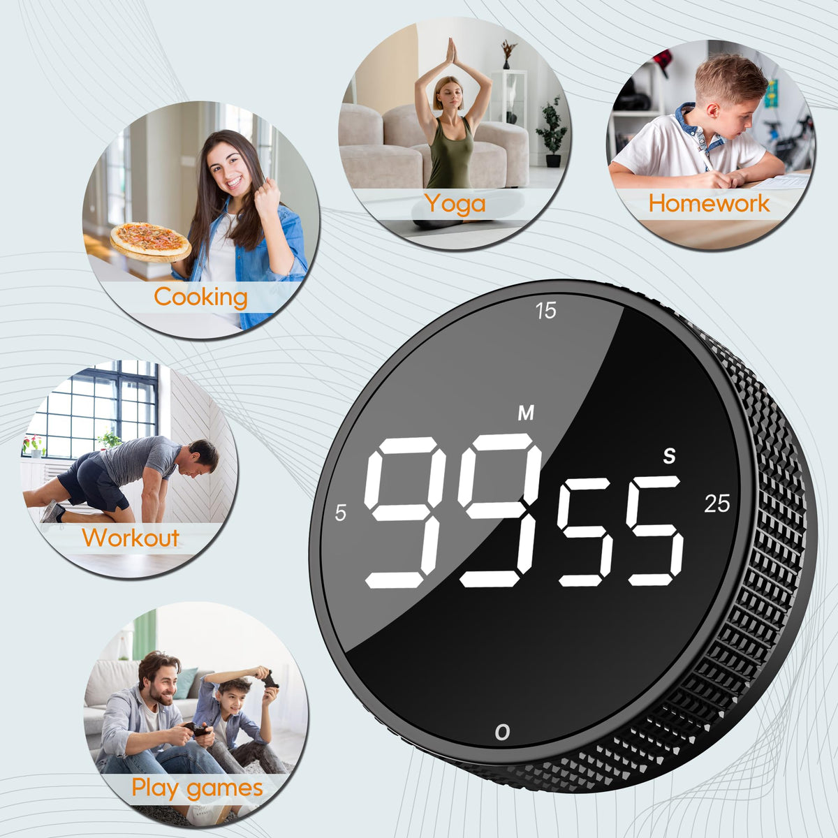 Upgrade Digital Kitchen Timer - Magnetic Countdown Countup Visual Pomodoro Timer with Large LED Display, 3-Preset Times (5, 15, 25), 3 Volume Levels, Ideal for Cooking, Baking and Fitness (1, Black)