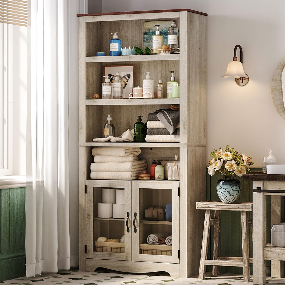 LINSY Bookshelf with Doors, 6 Shelf Bookcase Tall Bookshelves, 73" Farmhouse Book Shelf with Storage Cabinet, Wood Book Shelves for Living Room, Bedroom, Office, Rustic White