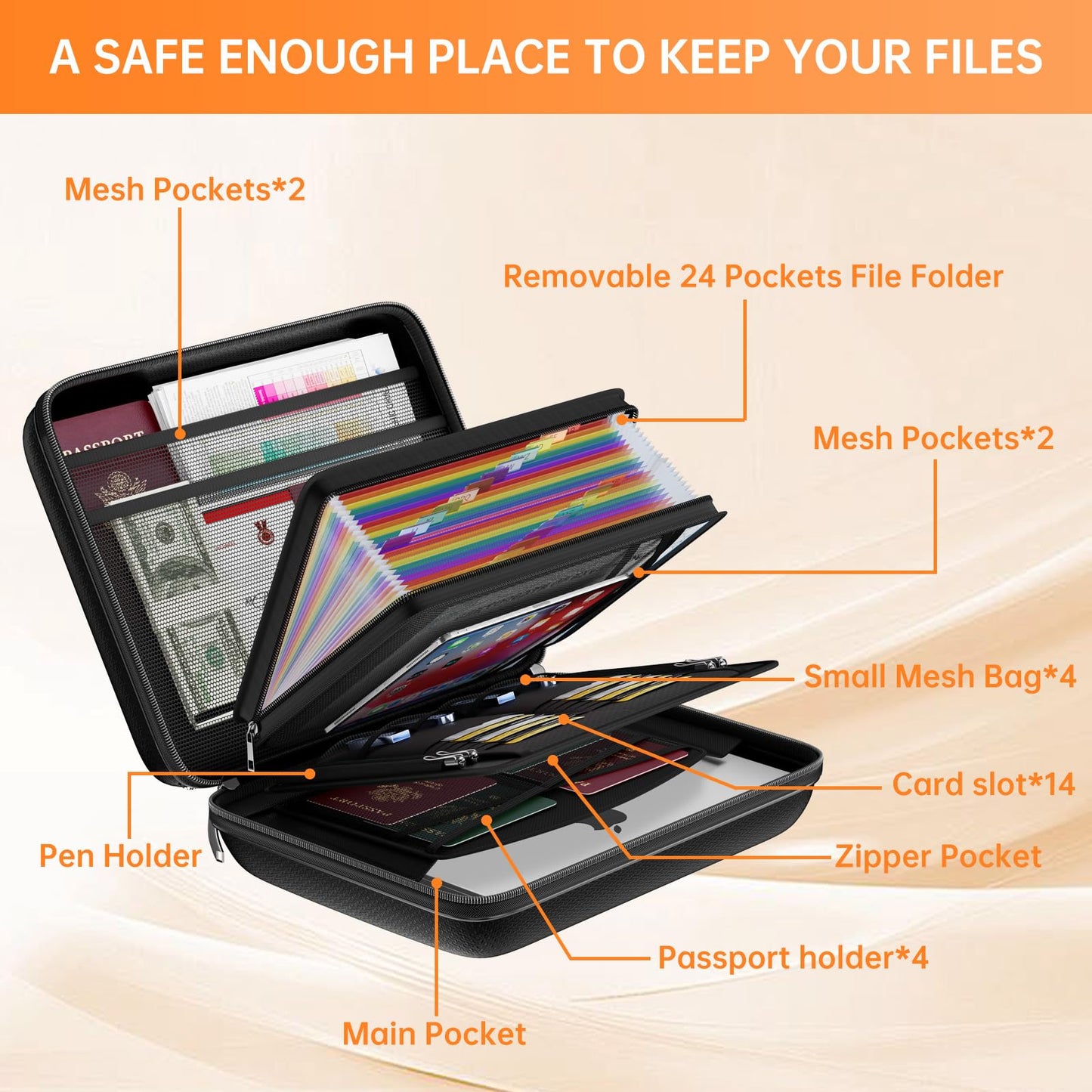ENGPOW Fireproof Document Box with Lock, Hard Case Fire & Water Resistant File Organizer with 25-Pocket Accordion File Folder, Portable Home Office Safe Storage for Important Documents Laptop Black