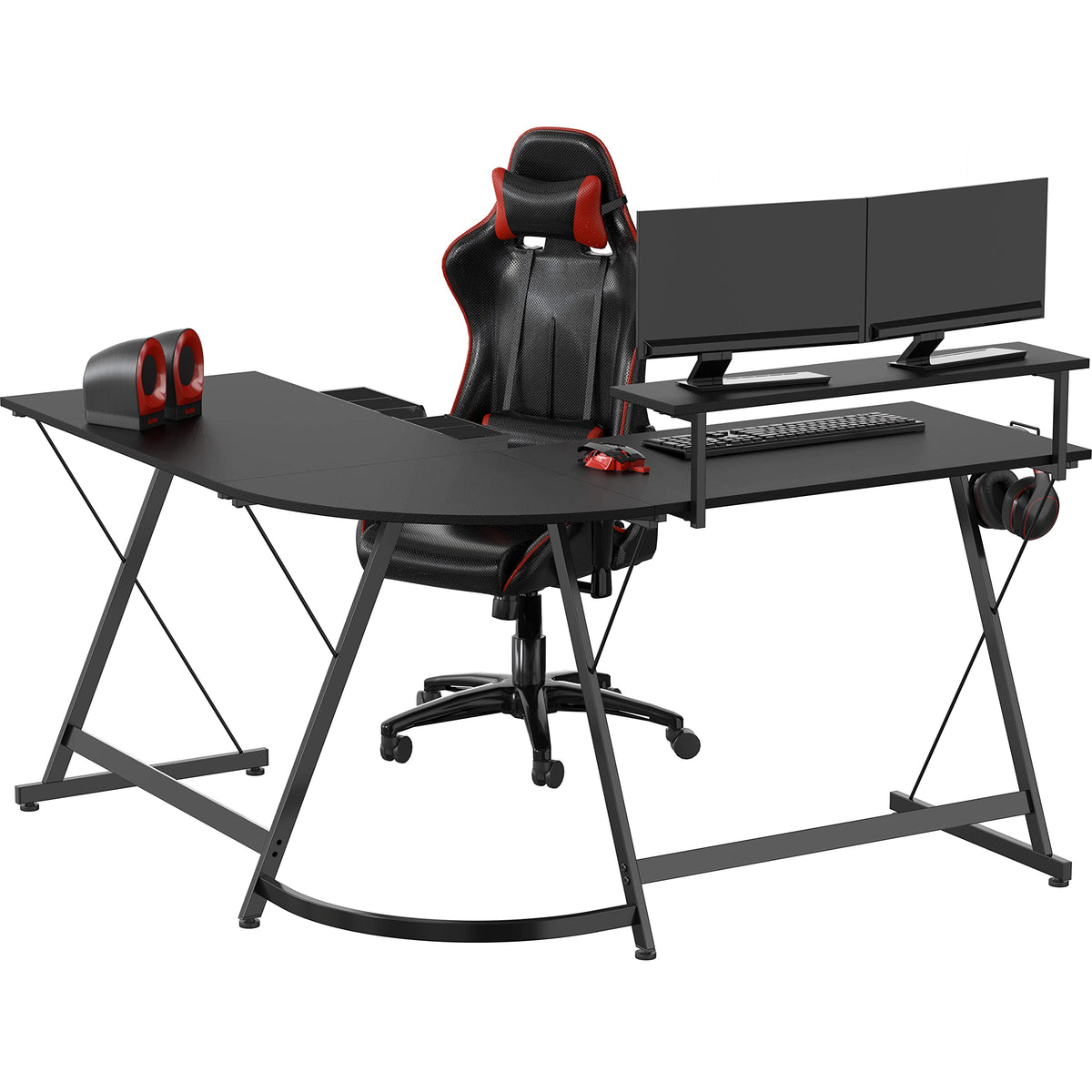 SHW 51 x 51 Inches Vista L-Shaped Desk with Monitor Stand and Drawer, Black