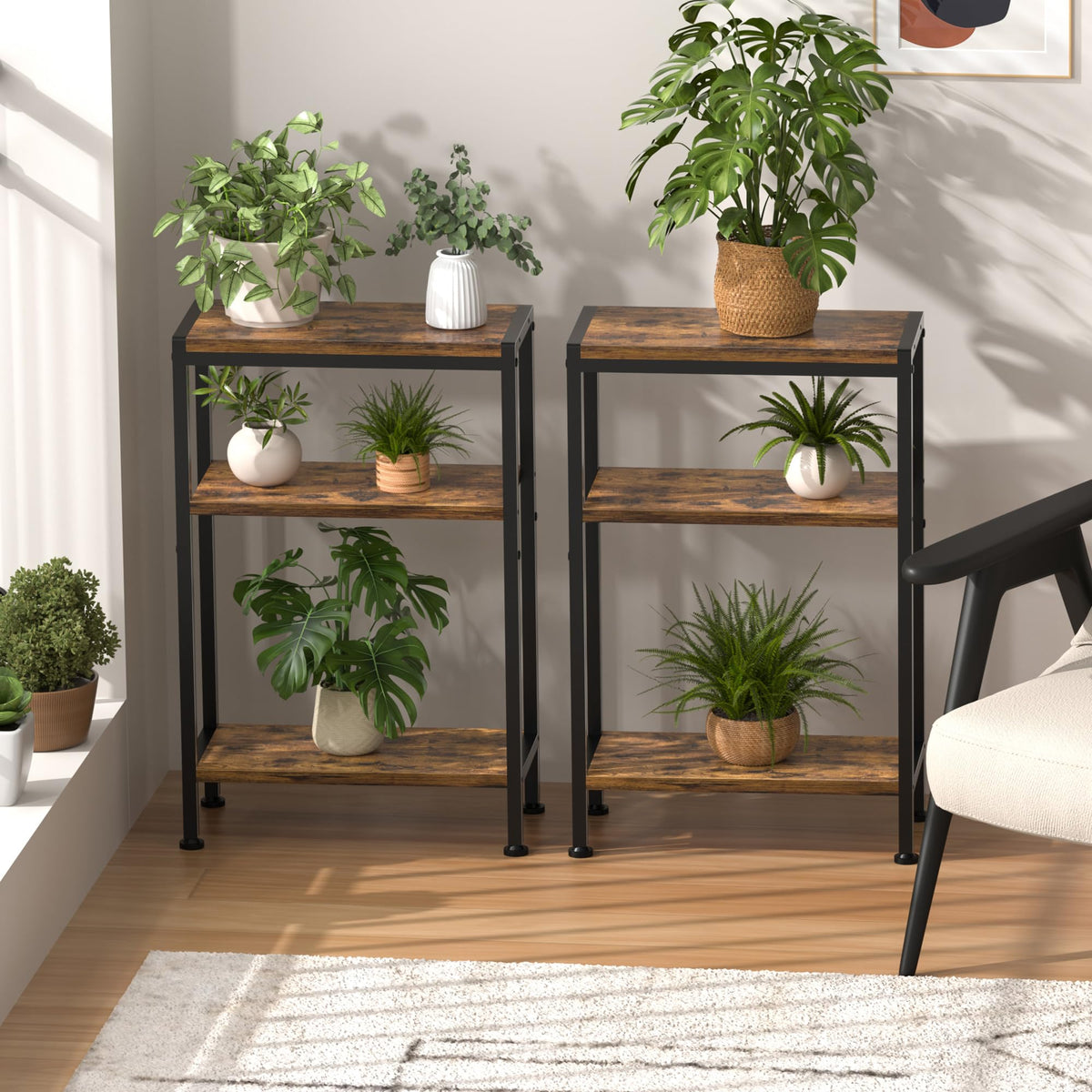 Homedawn Narrow Side Table for Small Space, 3 Tier Slim End Table, Thin Nightstand, Skinny Snack Couch Table, Sofa Bedside Table in Living Room, Bedroom, Study, Kitchen and Balcony (Rustic Brown)