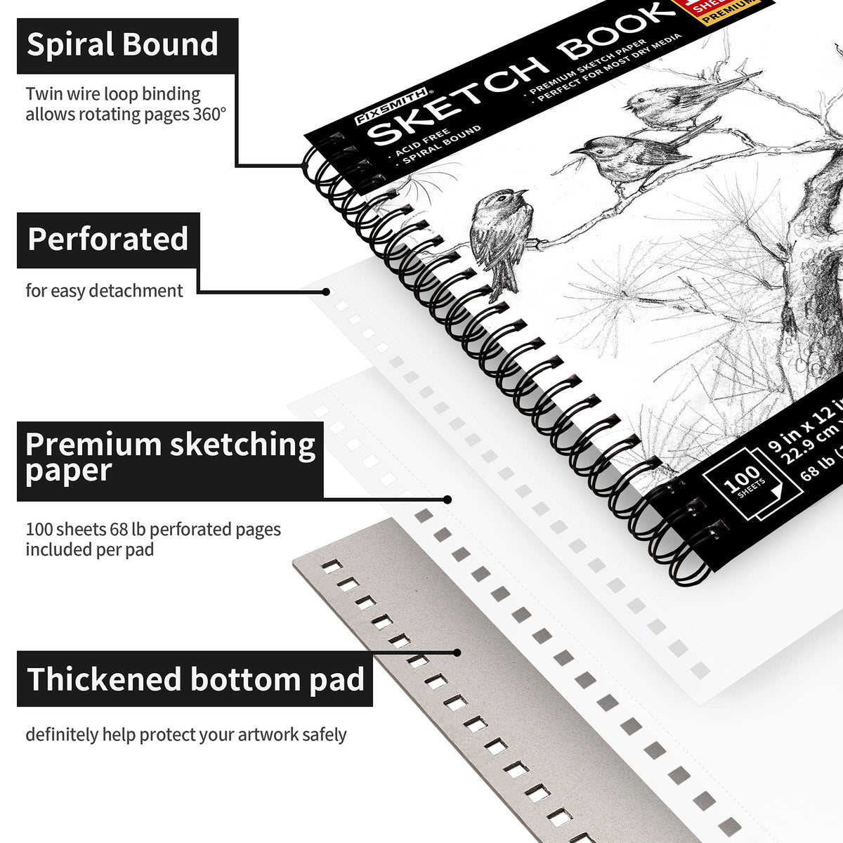 FIXSMITH 9"X12" Sketch Book | 200 Sheets (68 lb/100gsm) Sketchbook| 2 Pack (100 Sheets Each) |Acid Free Drawing Paper | Spiral Bound Sketchpad for Beginners,Artists & Professionals | Bright White