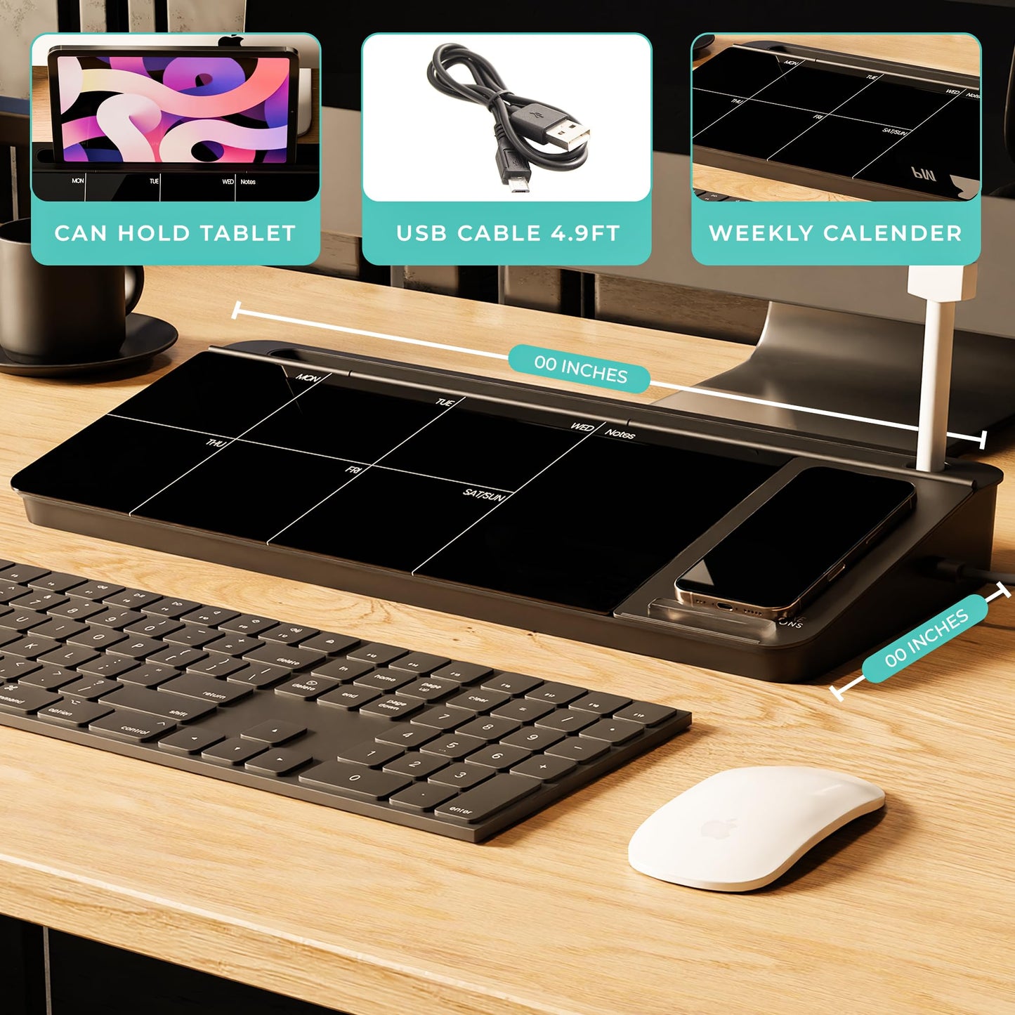 NEXTLUXE Glass Desk Whiteboard with Wireless Charger - Desktop Whiteboard with Storage, Weekly Planner, Dry Erase Pad, Organizer Drawer for Home, School, Office Gadgets – Black (Black)