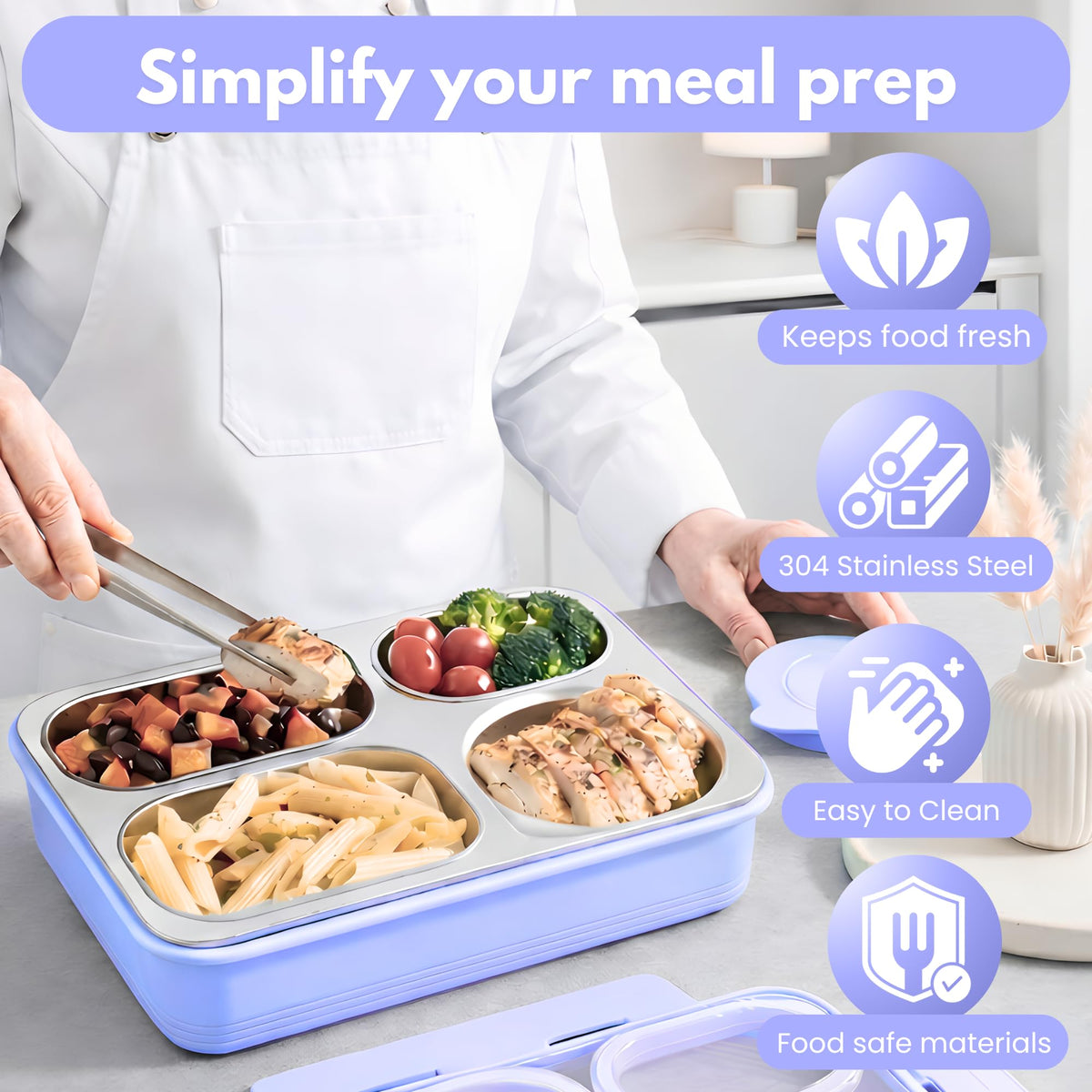 Homaze Kids Stainless Steel Bento Lunch Box, 4-Compartment Food Container with Condiment Cup, Chopsticks and Spoon, Leak-Resistant (Purple)