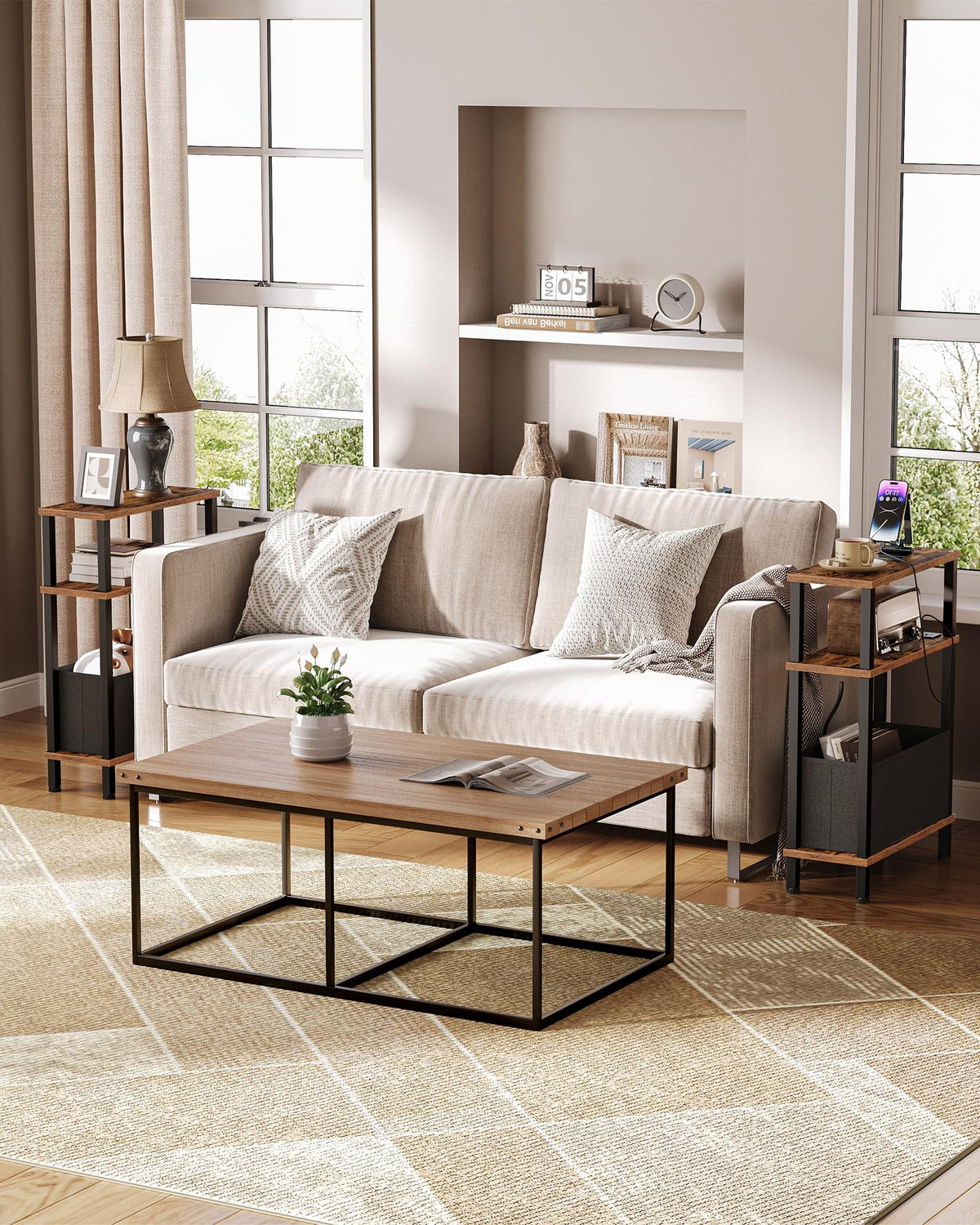 CHOEZON Small Narrow Side Table with Charging Station, Skinny End Table with Fabric Basket, Slim Nightstand for Small Spaces, Sofa Side Table, for Living Room, Bedroom, Rustic Brown and Black TBZ07UBF