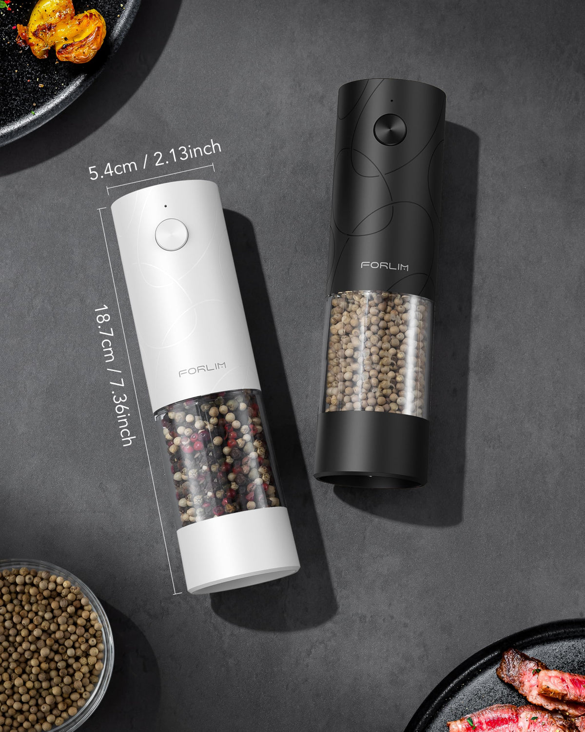 FORLIM Electric Salt and Pepper Grinder Set, USB Rechargeable, Automatic Salt Pepper Mill Grinder with Dust Cover, One-Button Control, Adjustable Coarseness, White LED Light (2 Packs, Black&White)