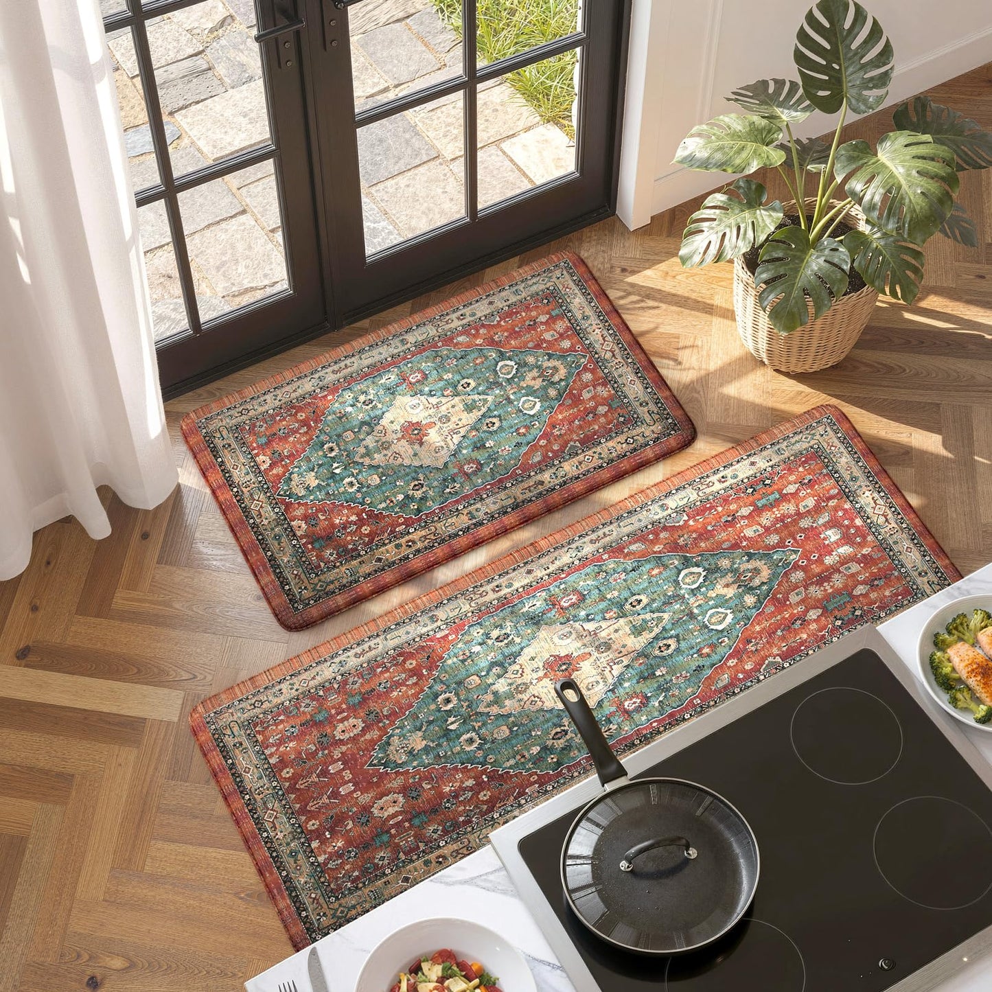 Collive Boho Kitchen Mats 2PCS, Cushioned Kitchen Mat for Floor Anti Fatigue Waterproof Kitchens Rugs Set of 2, Non Skid Comfort Standing Rug for Office, Sink, Laundry, 17.3"x29"+17.3"x47"