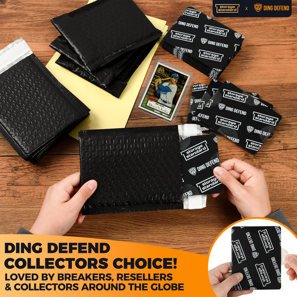 Ding Defend Card Shipping Protector Envelope Bubble Mailer Kit with 110 Card Shipping Protectors (3.5x4.5 Inches), 55 Bubbles Mailers, 250 Tape Seals for Collectible Cards - Black