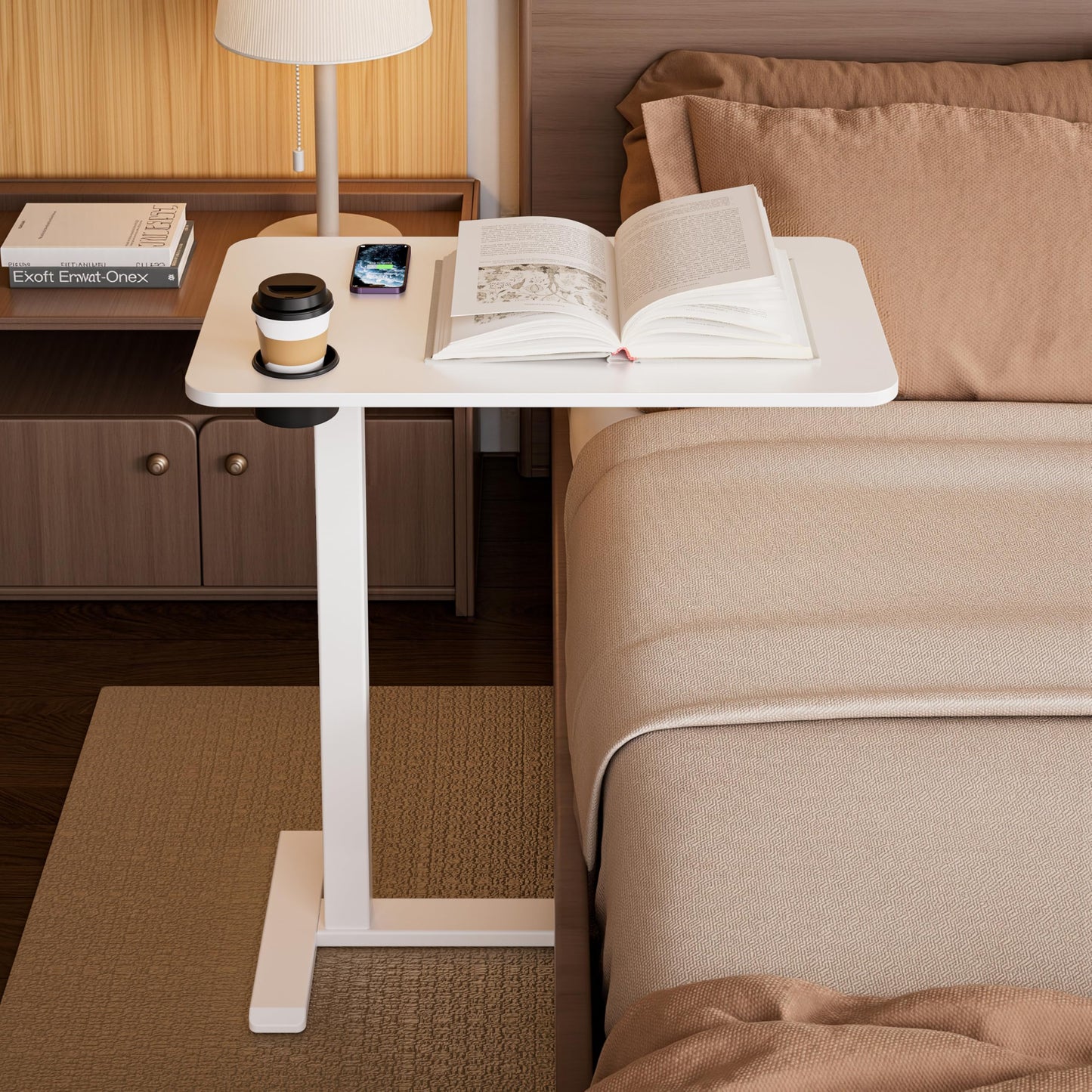 BIZUM Adjustable Bedside Table with Swivel Hidden Wheels Pneumatic Rolling Desk Mobile Standing Desk with Cup Holder for Hospital Home(27.6"x15.8" White)