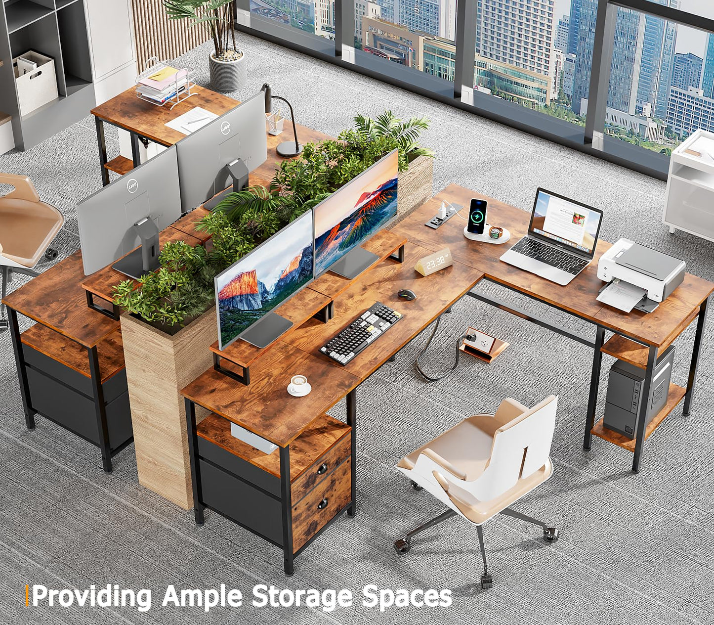 Furologee 66” L Shaped Desk with Power Outlet, Reversible Home Office Desk with File Drawer, 2 Monitor Stands, Storage Shelves, Corner Computer Table for Gaming, Writing, Rustic Brown