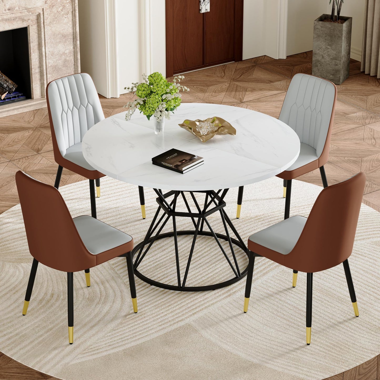 KEIKI Round Dining Table Set for 4, 47.3" White Faux Marble Kitchen Table with Black Metal Base & 4 Brown Gray PU Leather Chairs, Modern Industrial Dining Room Set with Gold Accent for Apartment