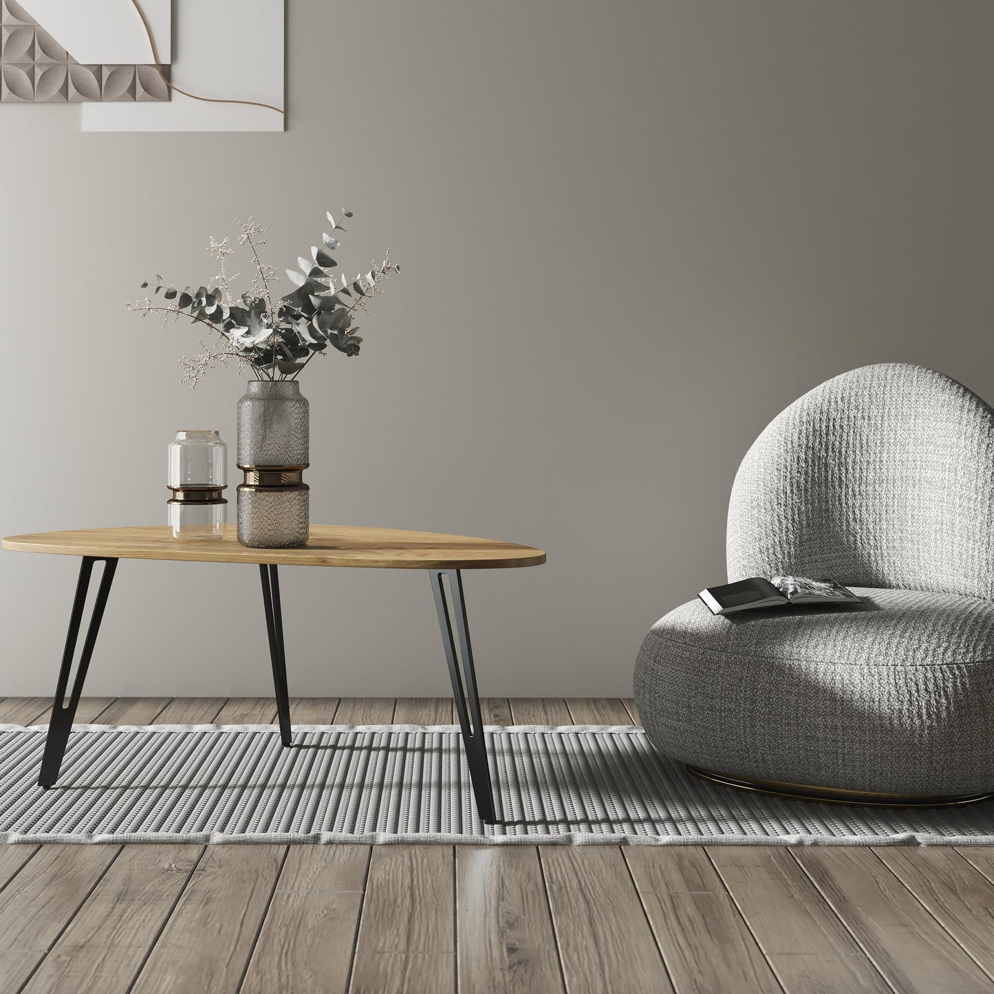 Manora Modern Mid Century Coffee Table, Oval Triangle Wood Center Table with Sturdy Metal Legs, Stylish Living Room Accent Table for Small Spaces