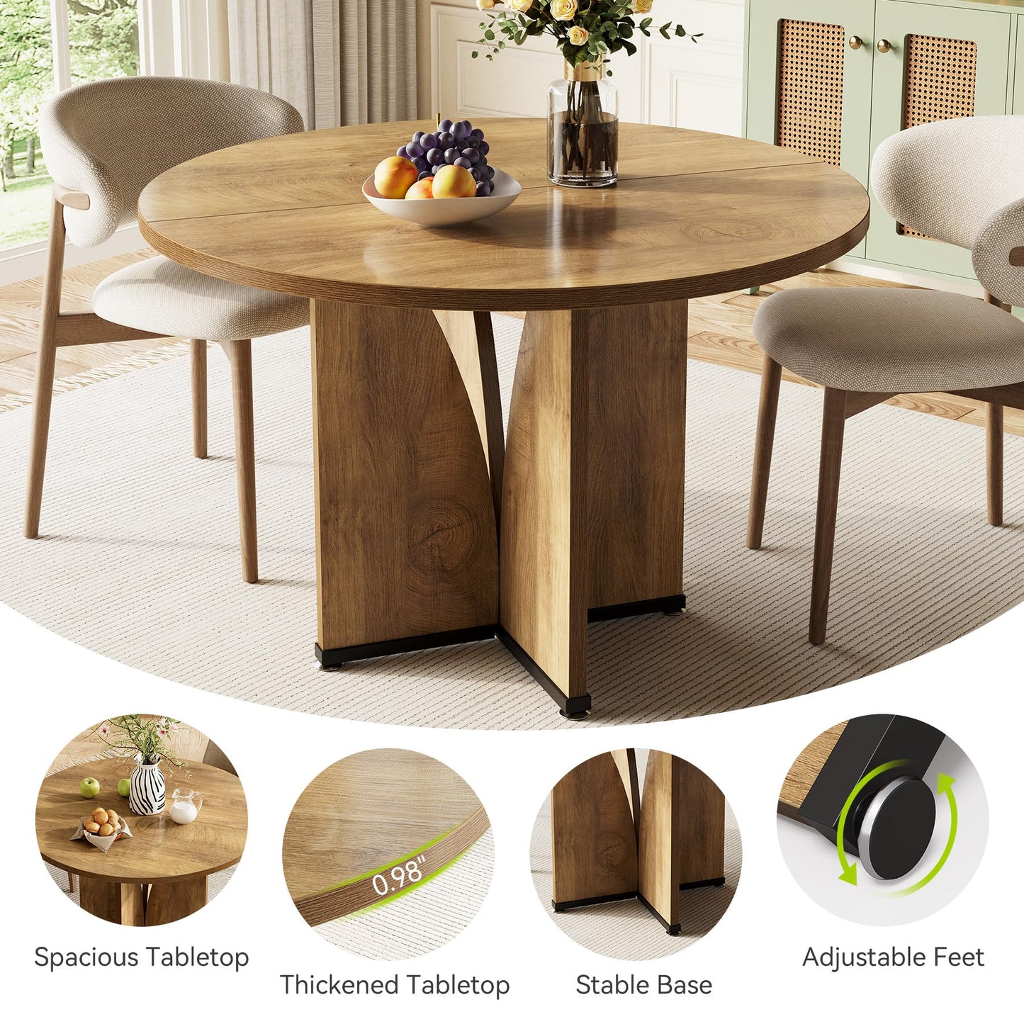 LITTLE TREE 39-Inch Dining Table for 4, Rustic Kitchen Table, Round Dining Table with X-Shaped Stable Pedestal, Farmhouse Dinner Table for Dining Room, Living Room
