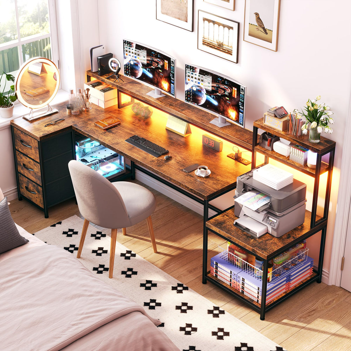 EnHomee 71" L Shaped Computer Desk with 3 Drawers & Hutch,Reversible Gaming Desk with LED Lights & Power Outlet,Home Office Desks with Monitor Stand & Printer Shelf for Student School Rustic Brown