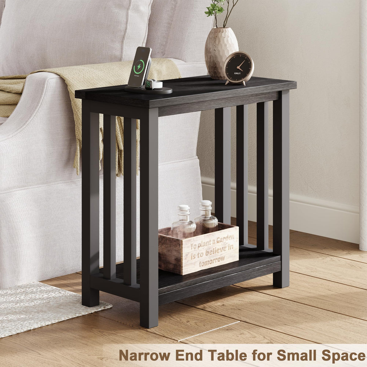 ChooChoo Mission End Tables Set of 2, Narrow Side Tables for Small Spaces, Night Stands with Storage Shelf for Living Room and Bedroom, Black