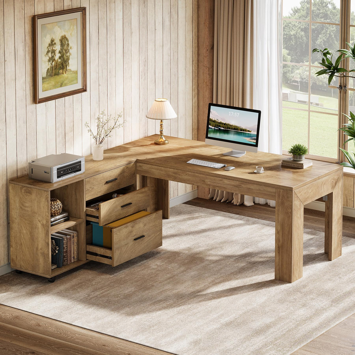 Tribesigns 63" L Shaped Desk with Storage, Executive Office Desk with Rolling File Cabinet Combo, Large Computer Table with Drawers and Shelves, Business Furniture Set for Home Office, Brown