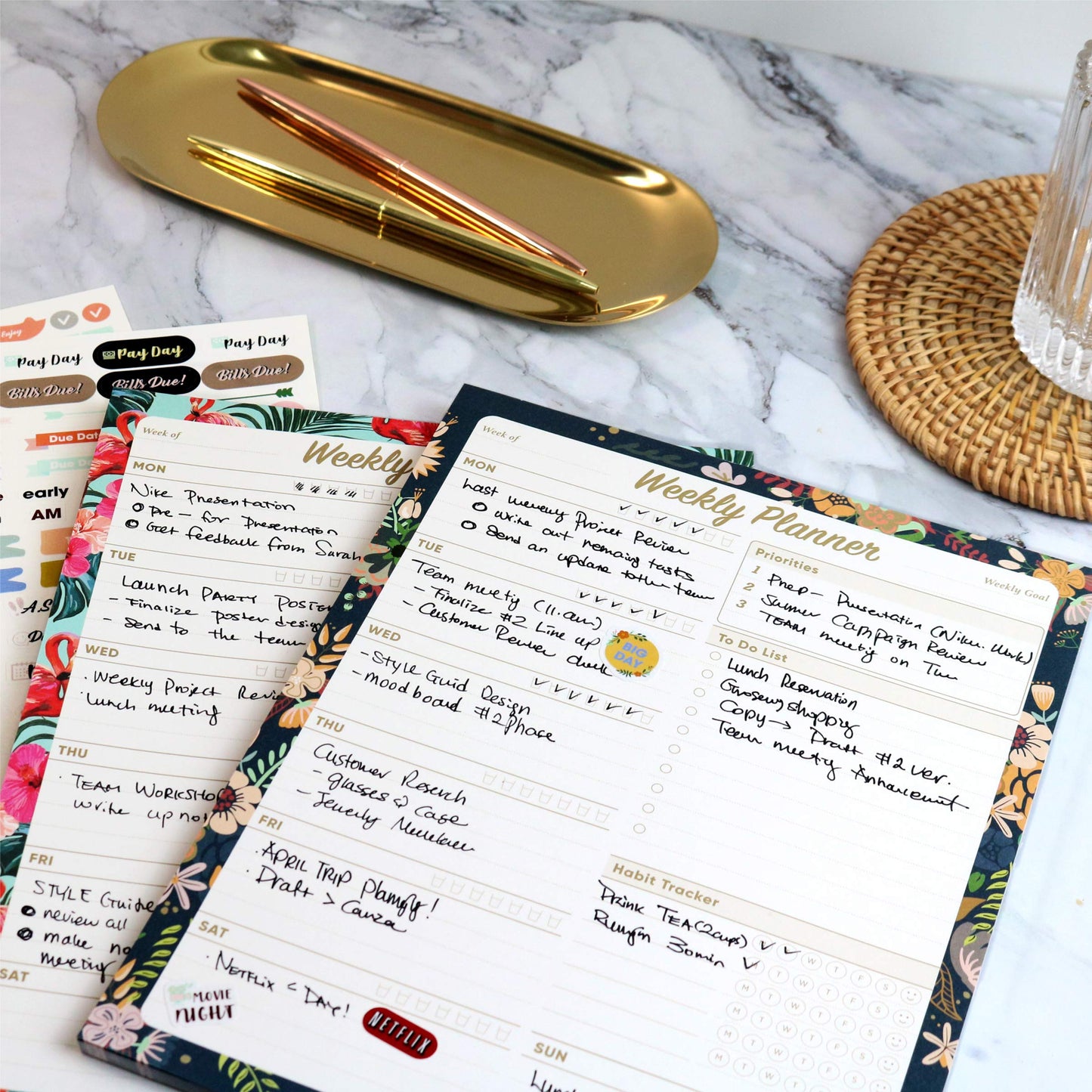 Oriday Weekly Planner Task Organizer Pad - 52 Sheets Undated Planning Tear-away Notepad (7.8" x 10" Dark Flower)