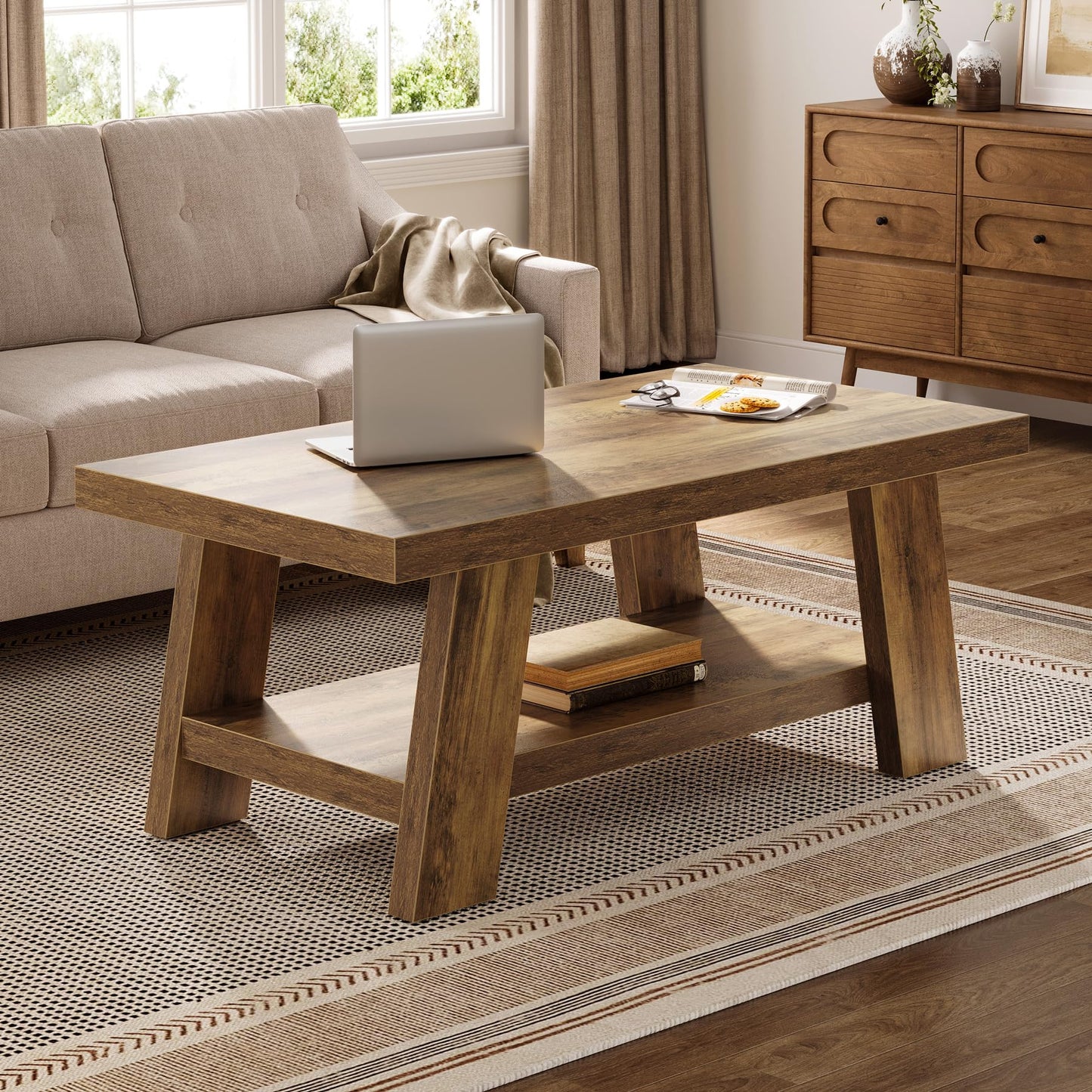 Tribesigns Farmhouse Coffee Tables for Living Room, 47.24" Rectangle Coffee Tables with Storage Shelves, Rustic Wooden Center Table for Apartment, Home Office (Rustic Brown)