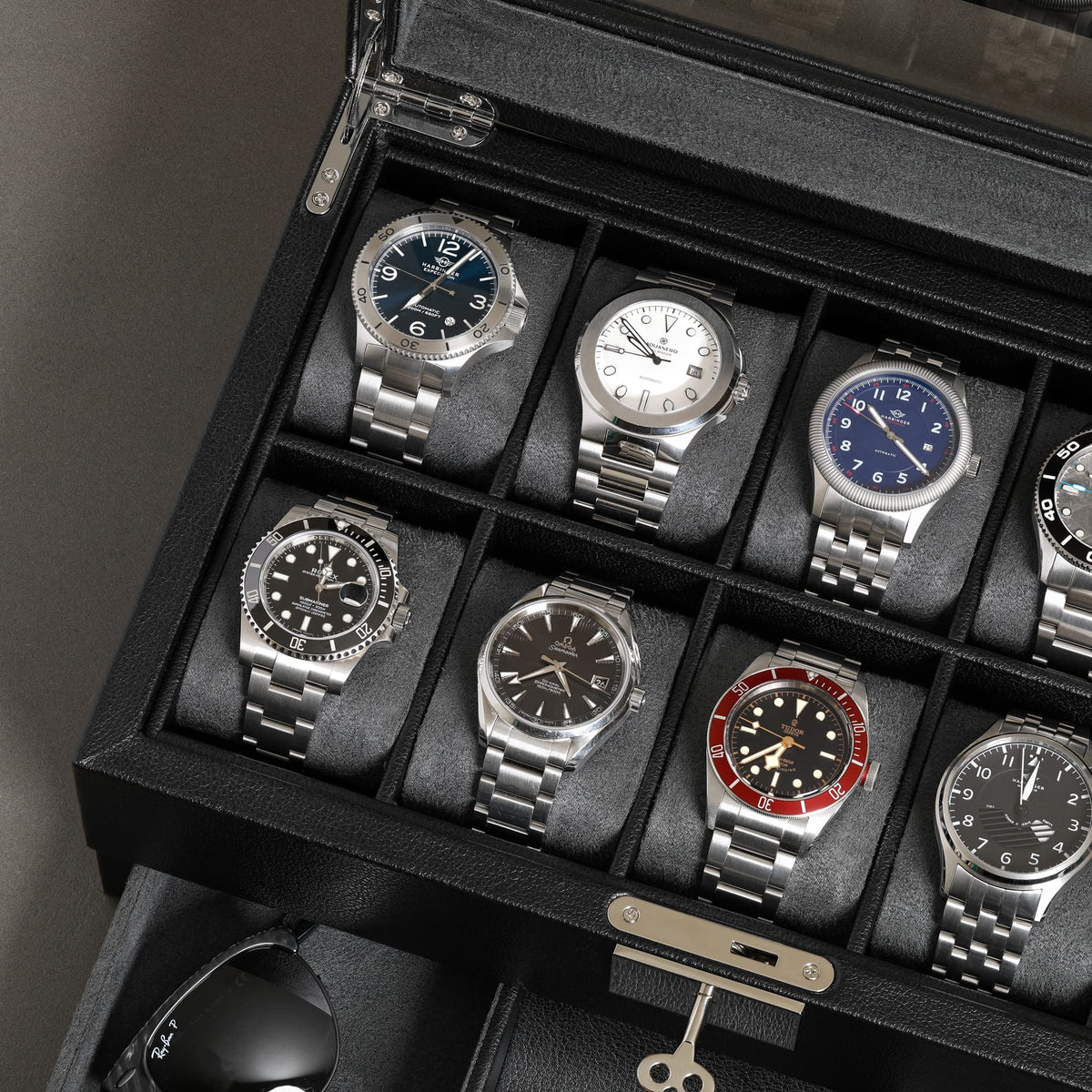 ROTHWELL 10-Slot Watch Box in Leather with Valet Drawer, Luxury Watch Case Display Organizer with Ultra Soft Microsuede Liner, Jewelry and Sunglass Holder With Large Glass top (Black/Grey)