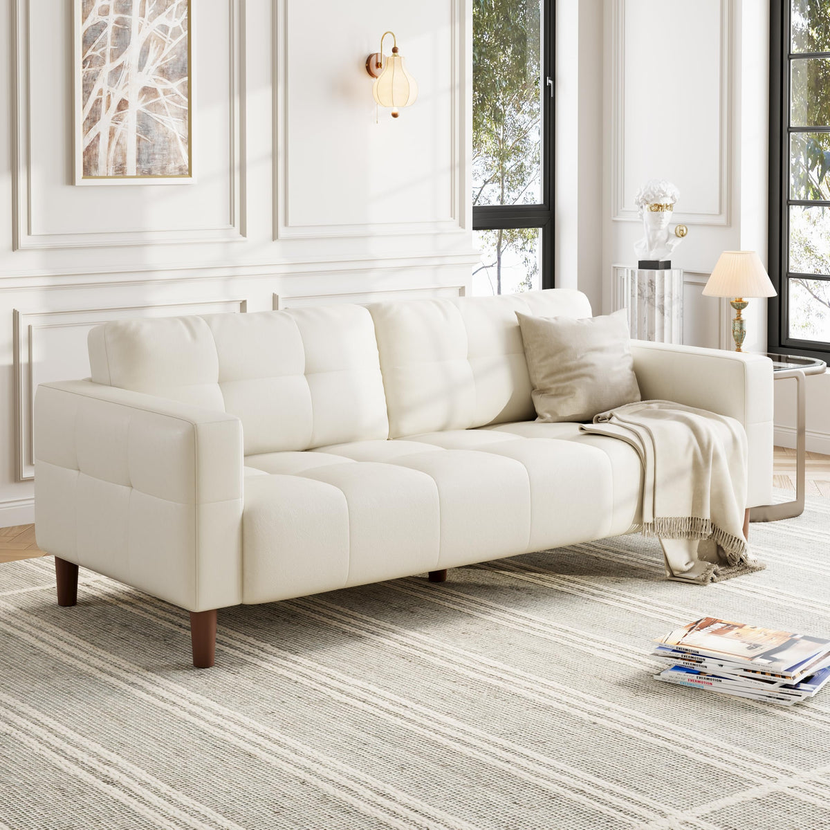 GarveeHome 3-Seater Sofa Couch, 83 in Wide Faux Leather Sofa Couch with Spring Cushion, Modern Sofa with Deep Seats and 2 Removable Back Cushions, for Living Room, Bedroom, Apartment, Office, Beige