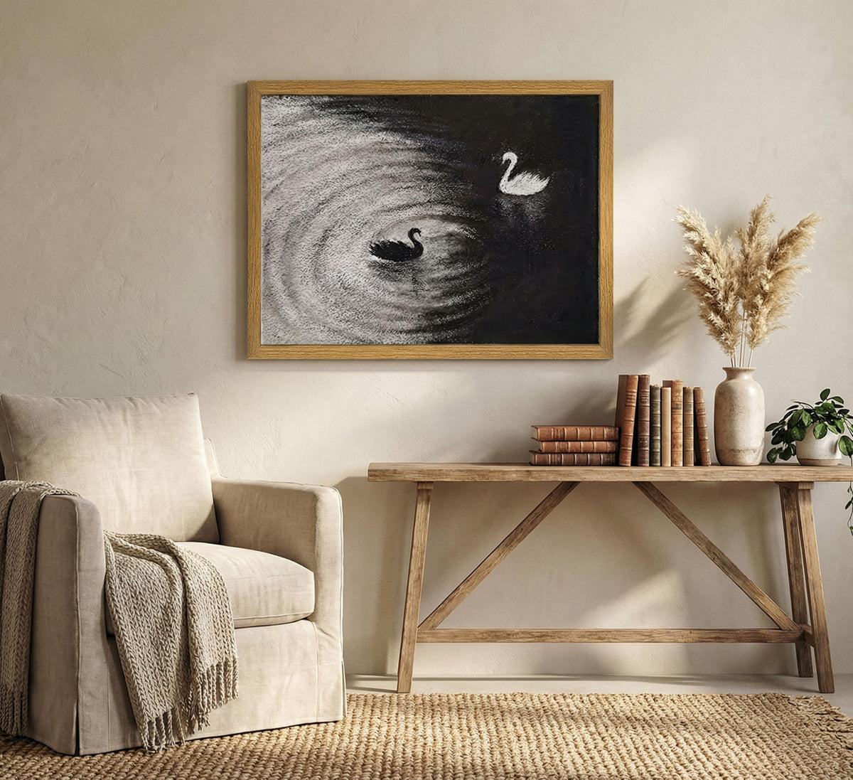 Framed Black and White Swan Canvas Wall Art Abstract Lake Swans Wall Decor Picture Modern Minimalist Animal Poster Painting Print for Living Room Children's Room Bedroom Office Home Decoration