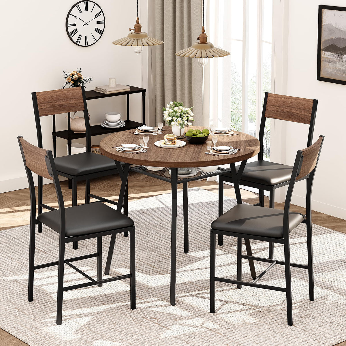 Pamapic Round Dining Table Set for 4, Kitchen Table and Chairs for 4, Dining Room Circle Dinner Pedestal Table, Solid Metal Frame,Space Saving Wood Small Kitchen & Dining Room Furniture,Walnut