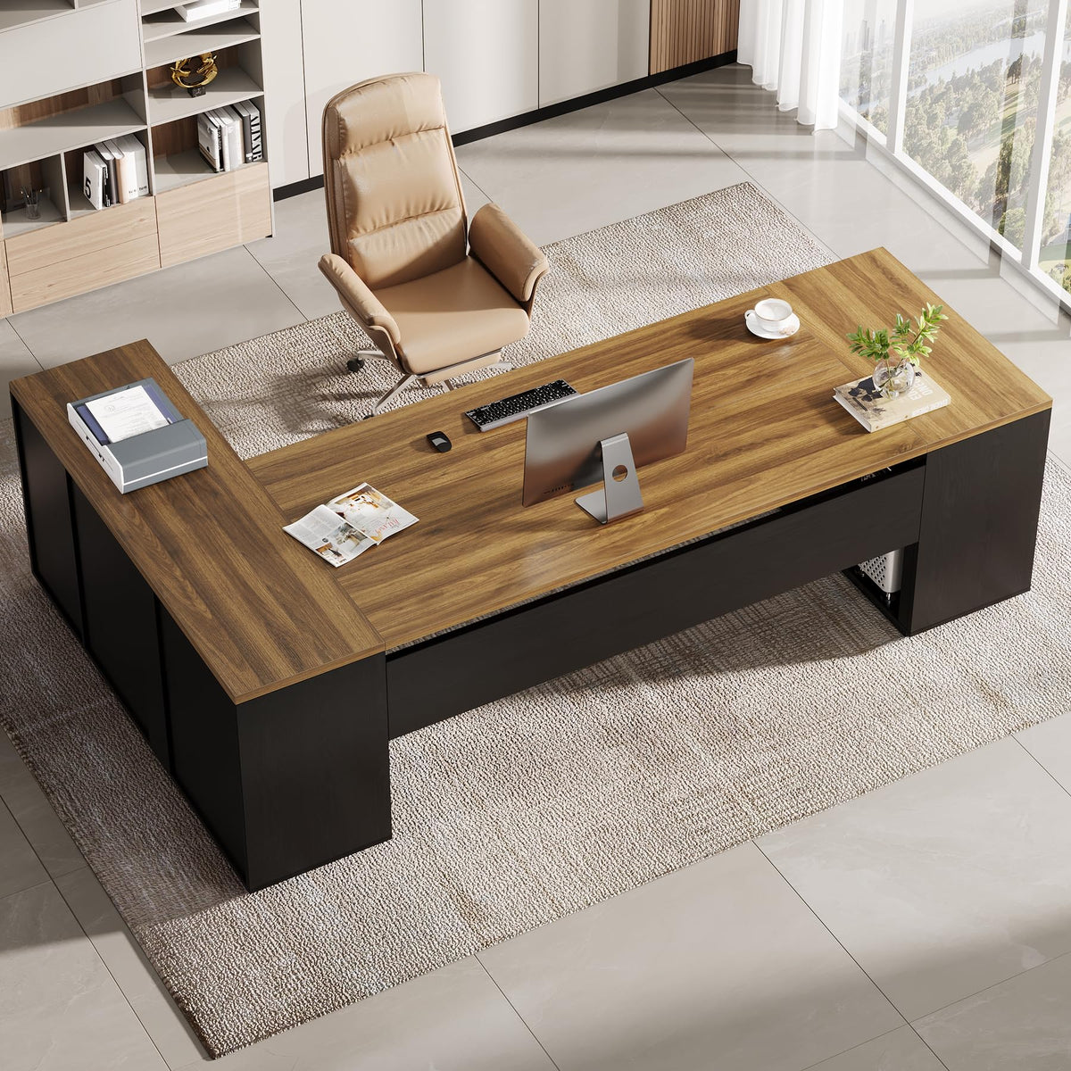Tribesigns 85.8-Inch L-Shaped Executive Desk, Extra Large Modern Office Desk with File Drawers, Door Cabinet & Shelves, Commercial Office Table, Home Business Workstation, Brown & Black