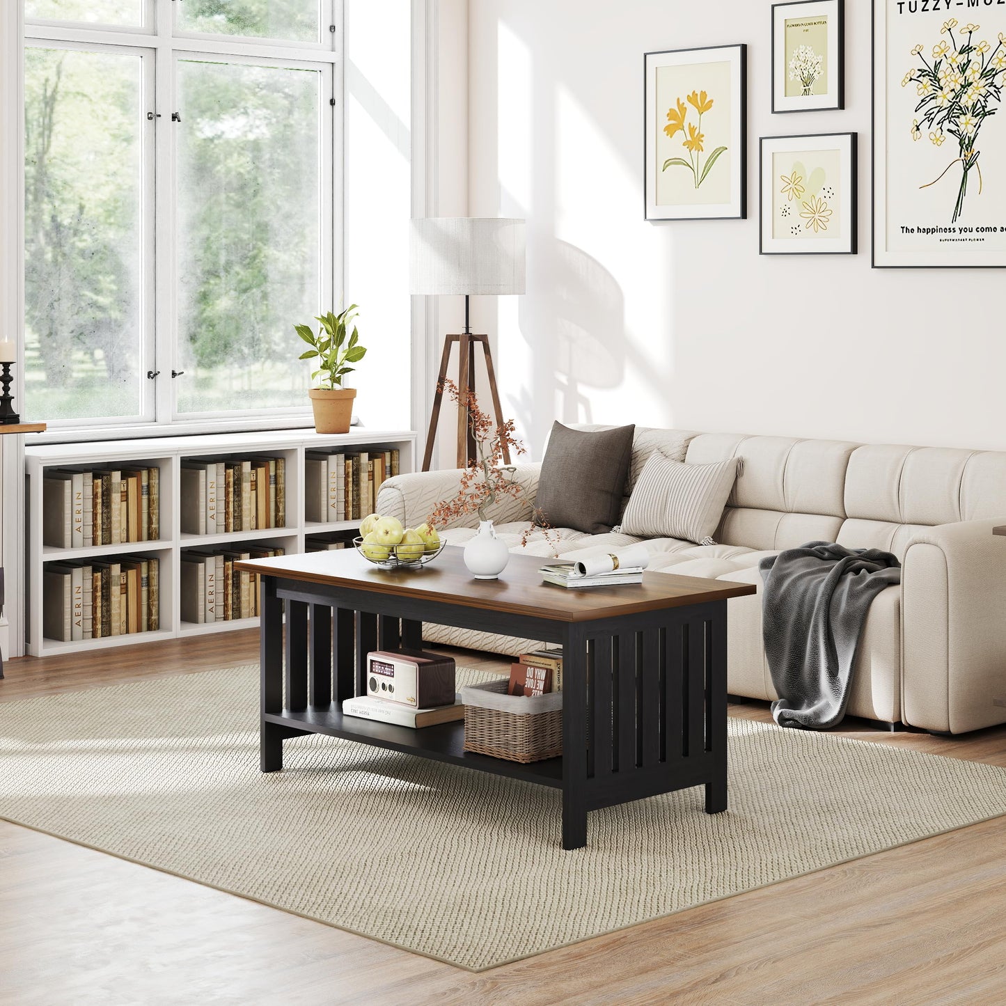 YOSHOOT 39.4" Farmhouse Coffee Table - Coffee Tables for Living Room, Small Coffee Table with Storage, Center Table for Living Room, Bedroom, Office, Black