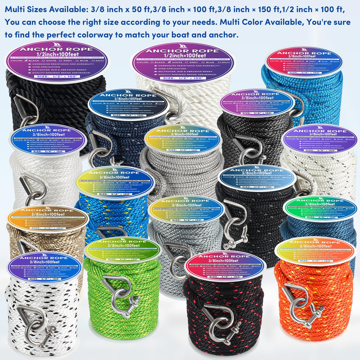 Premium Anchor Rope 50 ft x 3/8 inch, Solid Braid MFP Anchor Line Boat Rope with Thimble & Shackle - Black