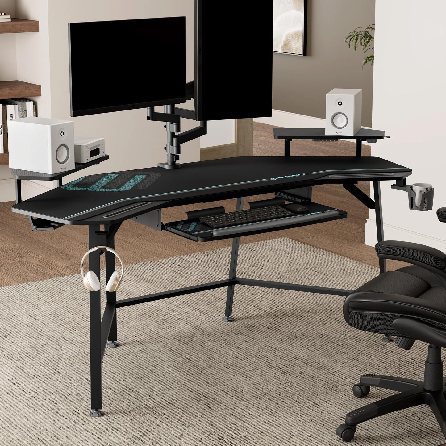 EUREKA ERGONOMIC Aero 72 Inch Gaming Desk with Keyboard Tray, Large Computer Desk Led Lights, Wing-Shaped Monitor Stand Dual Headphone Hanger Cup Holder for Studio,Streamer,Live,Black
