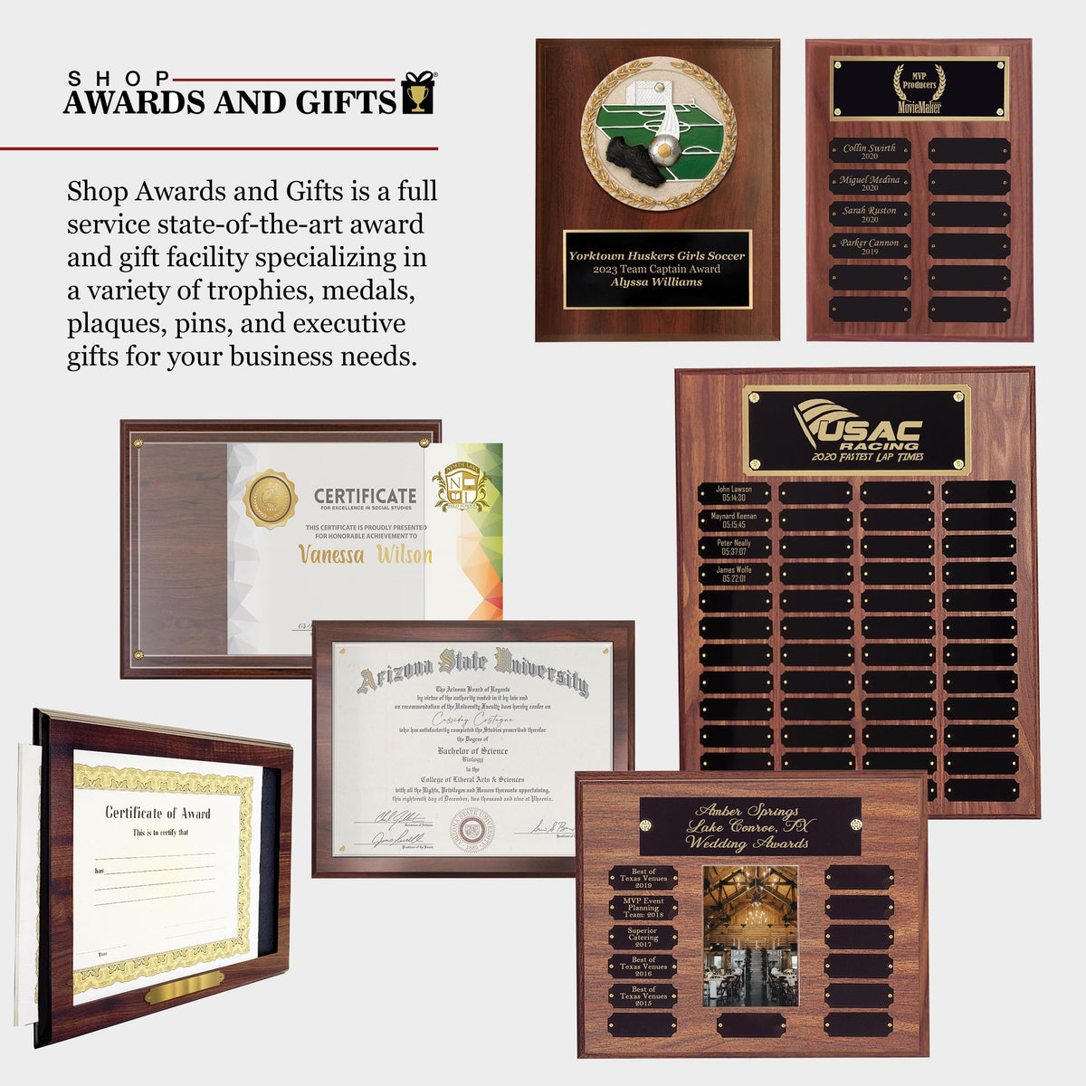 SHOP AWARDS AND GIFTS 12 x 16 Inch Perpetual Plaque Award Multiple Name Plate Board for Employee Appreciation, Recognition, Achievement, Walnut Finish with Black and Gold Header, 24 Name Plates