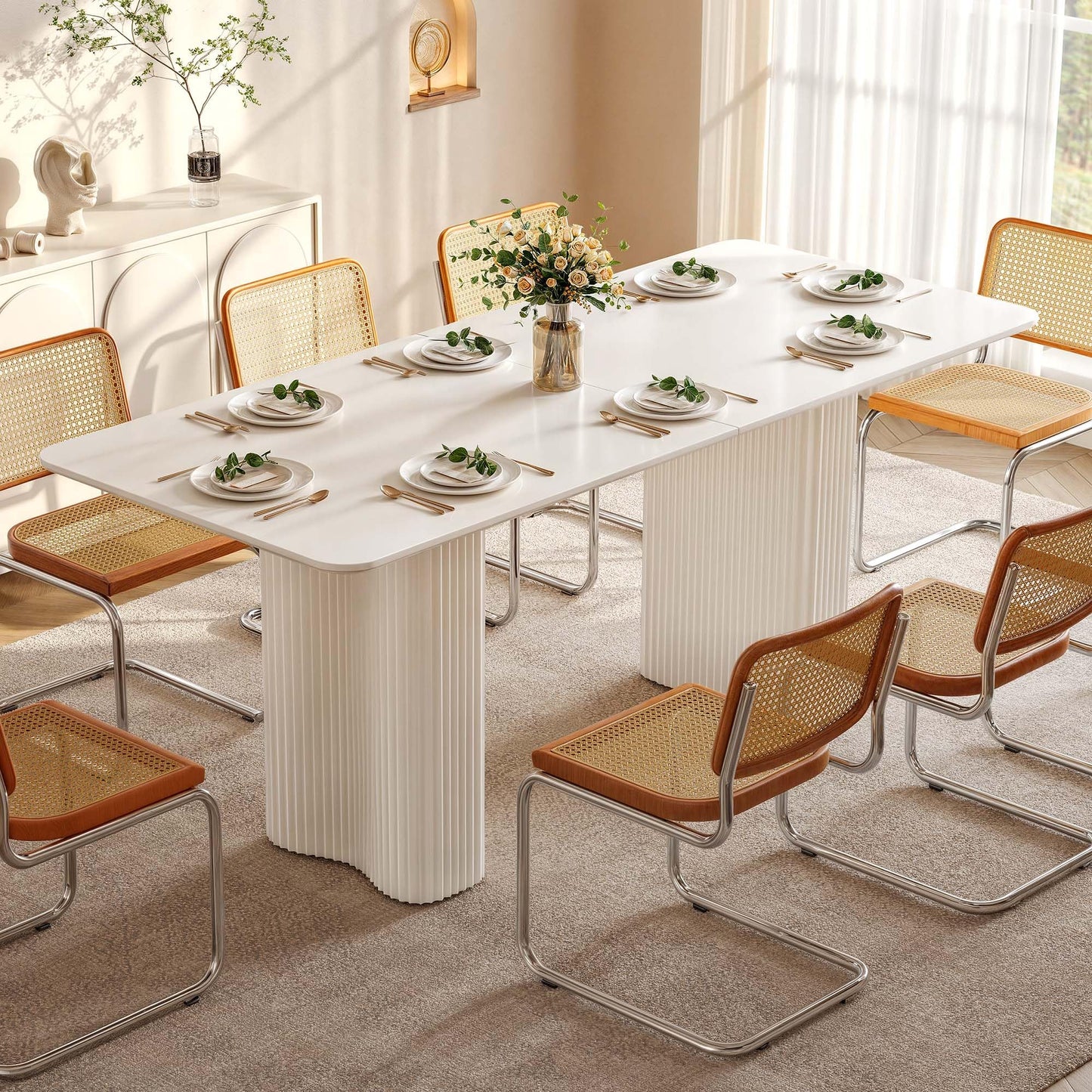 DWVO 70.8 Inch Dining Table for 6-8 People Modern Rectangular Kitchen Table Large Cream White Dinner Table with Solid Wave Curved Legs for Dining Room Kitchen Home Office Apartment, White