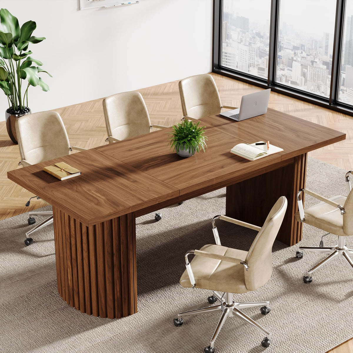 Tribesigns 78.7" Conference Table for 6-8 People, 6.56 ft Large Rectangle Meeting Table with Double Pedestal, Farmhouse Seminar Table Boardroom Desk for Office Meeting Conference Room, Walnut