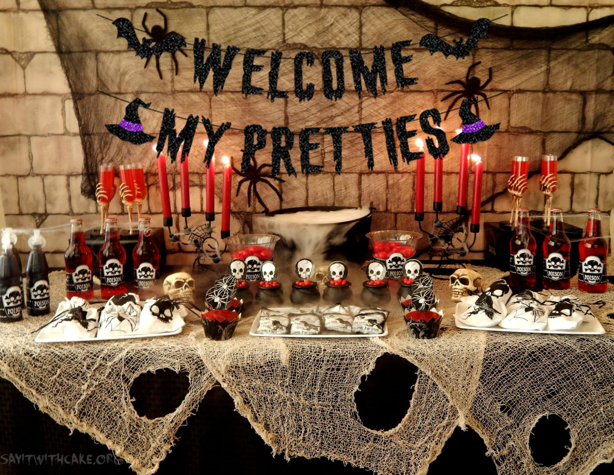 Welcome My Pretties Banner Sign - Halloween Decorations, Welcome Sign Door Hanger, Witches Mantel Fireplace Party Decorations