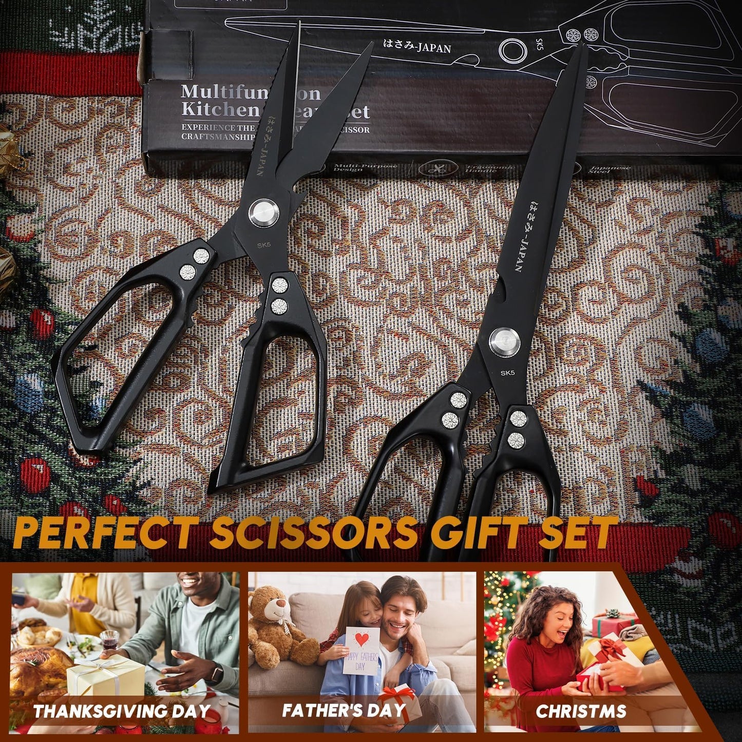 HUUSK Kitchen Scissors Set Black - Upgraded Stainless Steel Kitchen Shear, Sharp Meat Scissors, Heavy Duty Poultry Shears, Japanese Cooking Scissor for Food, Dishwasher Safe Christmas Gifts for Women