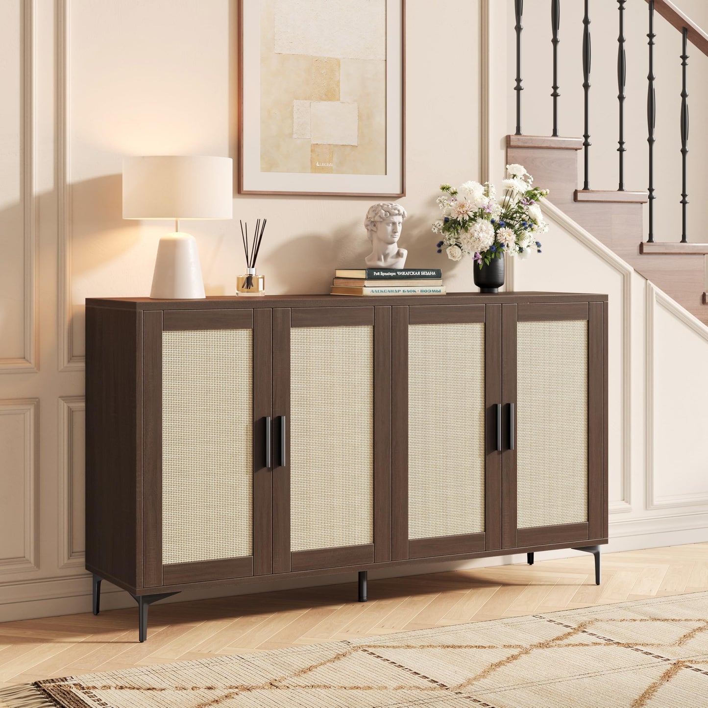 JASIWAY Buffet Cabinet with Storage, 48" Rattan Sideboard with Adjustable Shelves, Modern Coffee Bar Cabinet Console Table with Doors, Credenza for Kitchen, Living Room, Entryway, Dining Room, Walnut