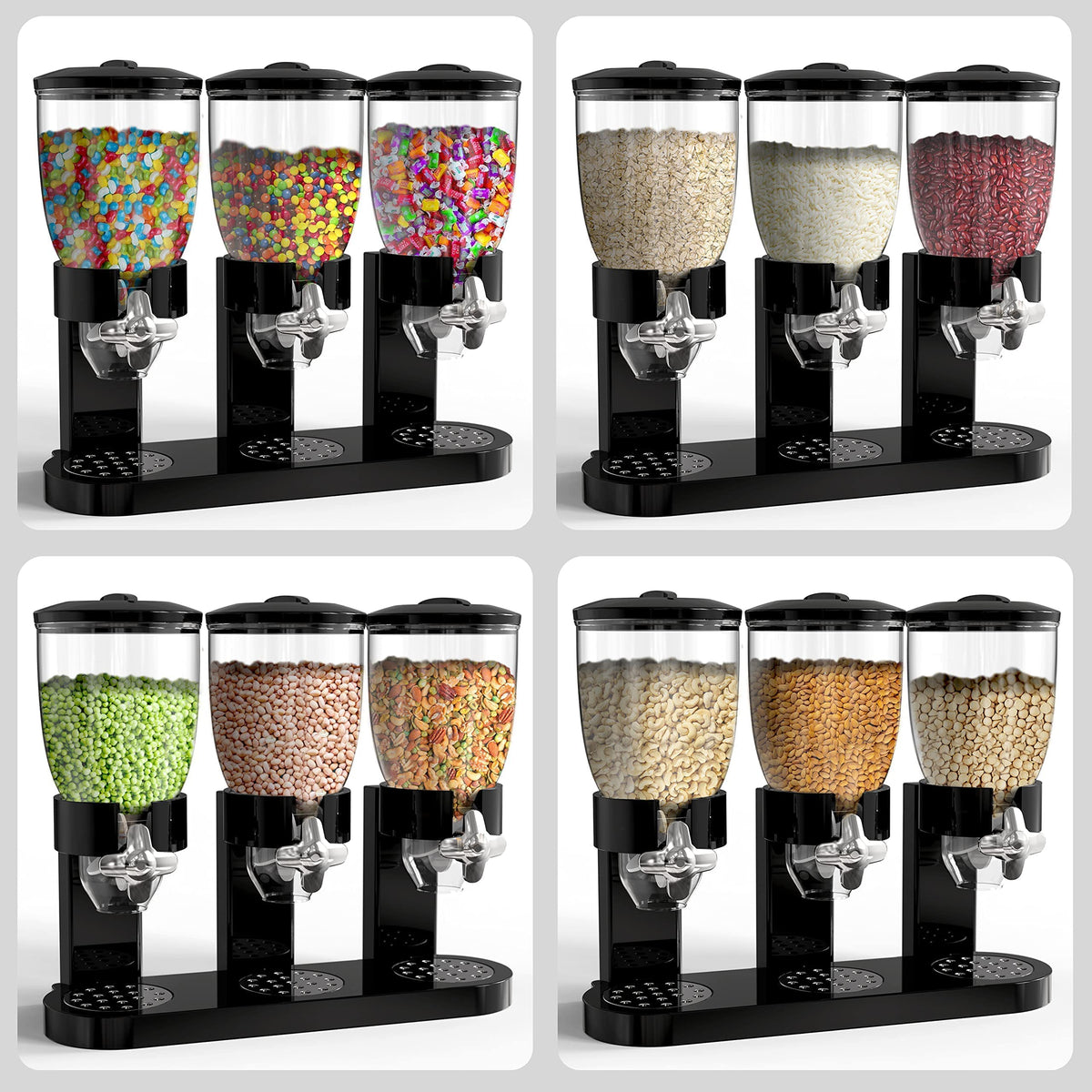 Triple Food Dispenser - Easy To Use Dry Food Dispenser Perfect As A Candy, Nuts, Rice, Granola, Cereal Dispenser & More - Dispensing 1 Ounce Per Twist And Preserving Freshness For Fun, Easy Serving.