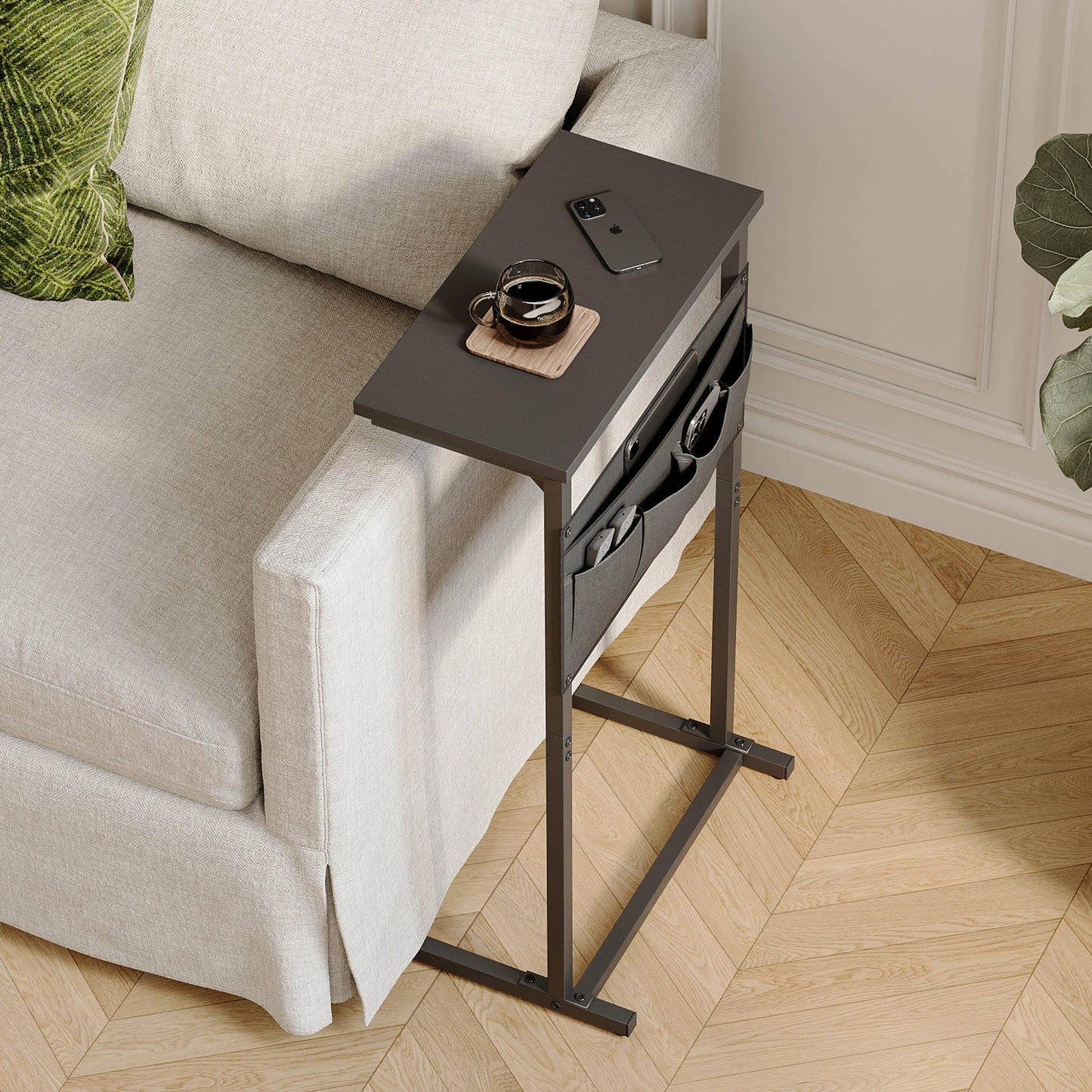 IRCPEN C Shaped End Table, Side Table for Sofa, Small TV Tray, Couch Table with Storage Bag for Small Space, Living Room, Bedroom, Home Office LET501B (Black)