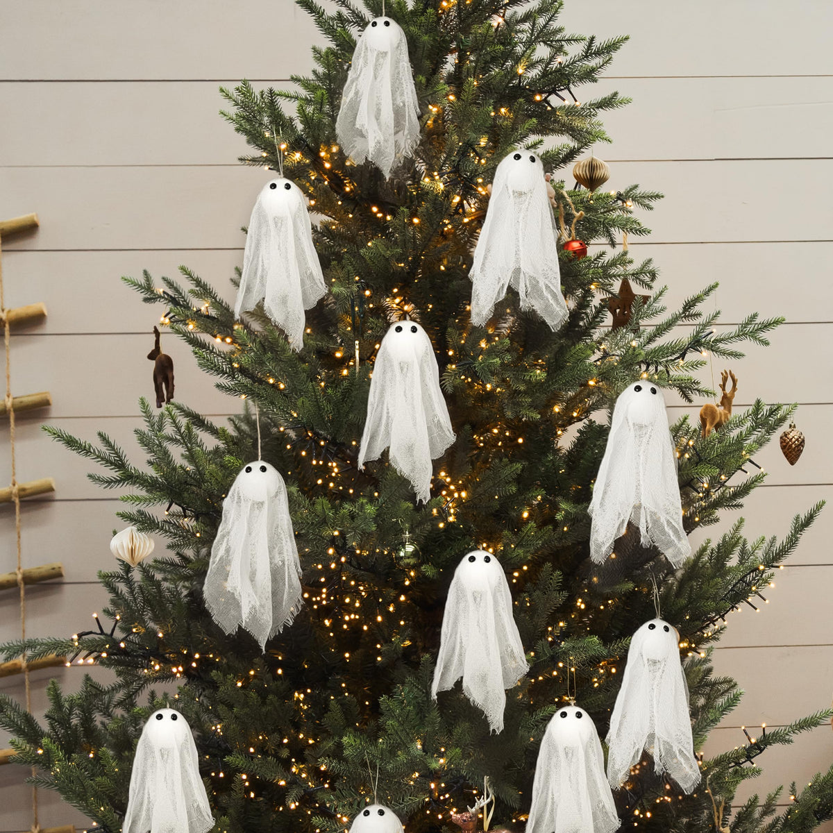 Decor365 Small Hanging Ghosts with White Creep Cloth and Black Eyes Summerween Party Decorations Classroom Living Room Outdoor Halloween Decorations Spooky Scary Ghost To Hang from Trees (Pack Of 12)