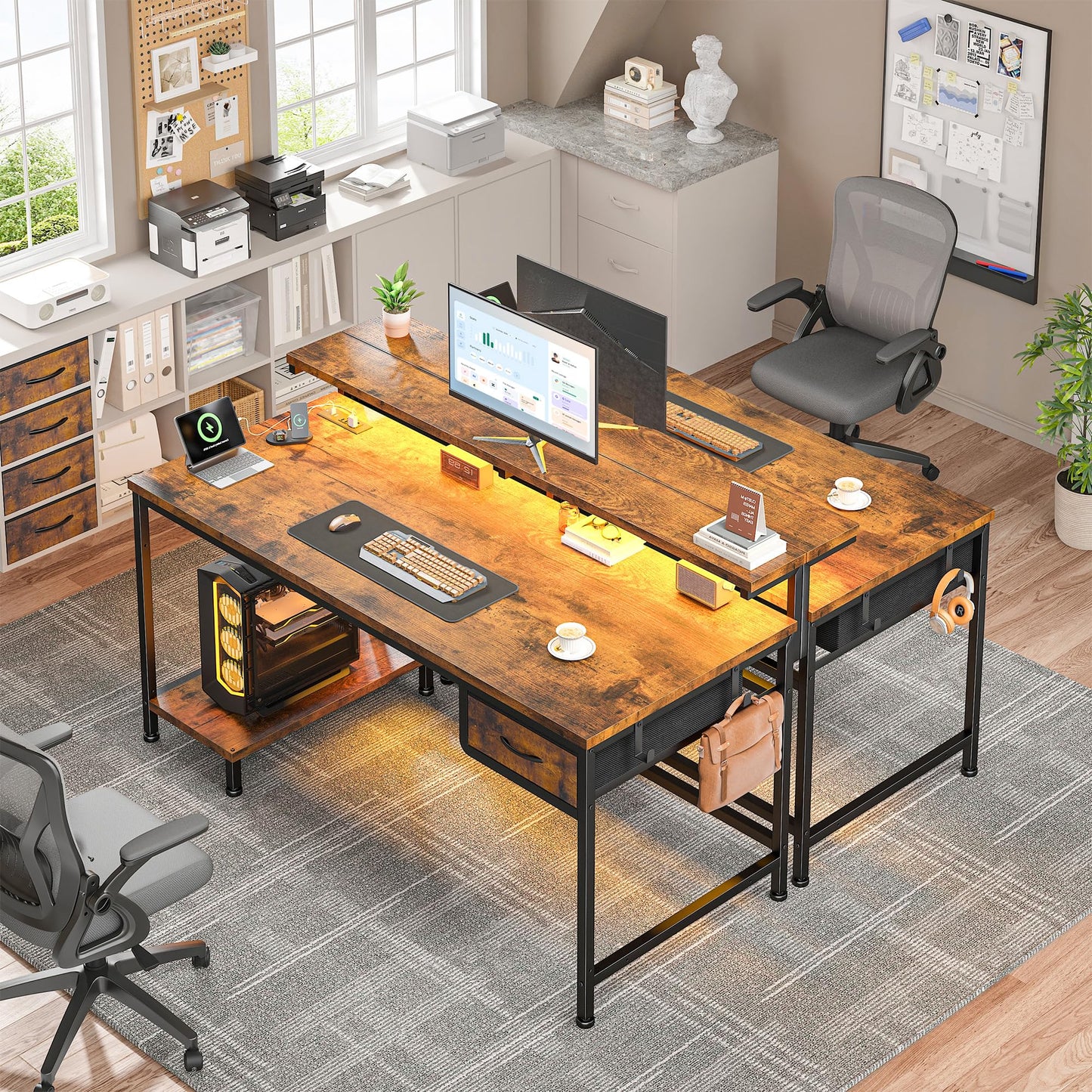 DurayLoly 39.3Inch Office Desk with Power Outlet & Drawer, Gaming Desk with CPU Stand& LED Lights,Computer Desk with Ergonomic Monitor Stand for Small Space,Rustic Brown